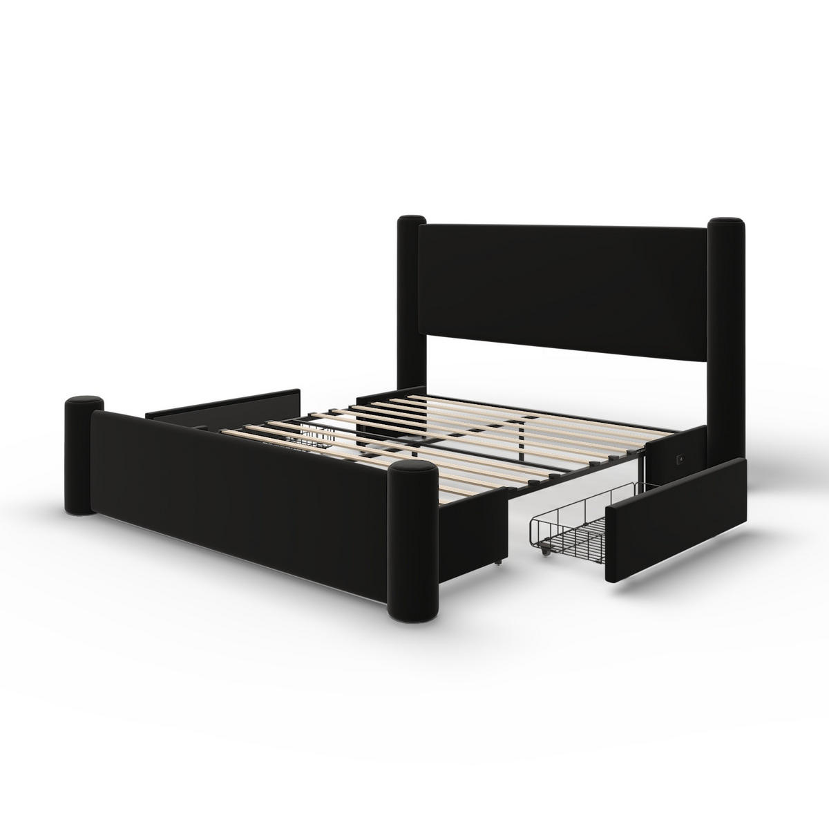 POLSTERBETT 140/200 cm Schwarz mit 2 Stauraumschubladen und USB-Ports - Schwarz, Textil (140/200cm) - OKWISH