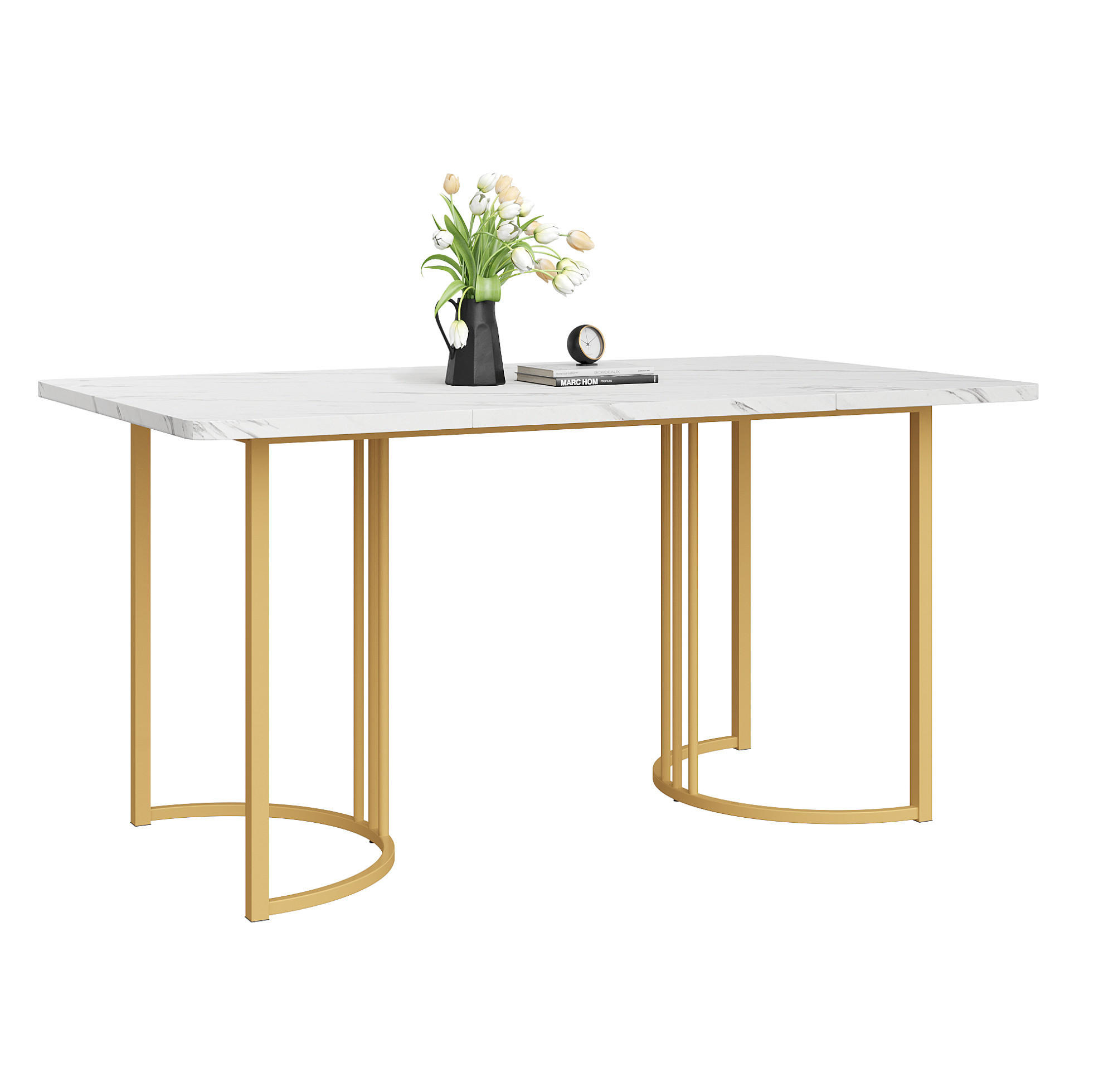 OKWISH JÍDELNÍ stůl 140/80 cm bílý z MDF a kovu s mramorovým dekorem a nastavitelnými nožkami