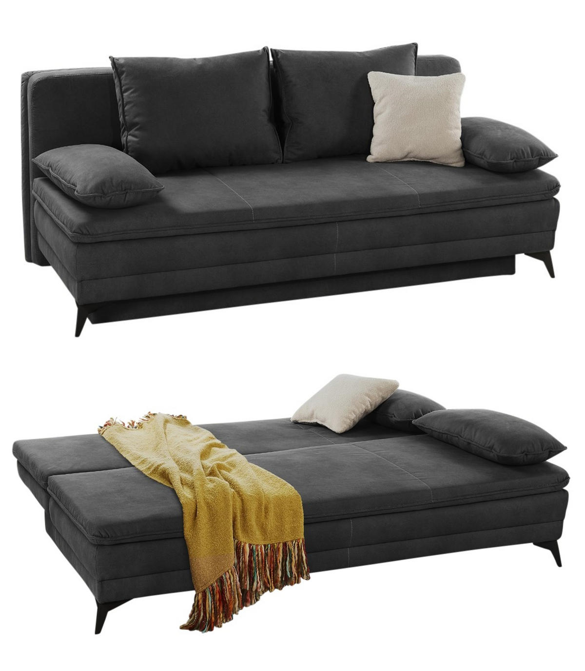 DAUER-SCHLAFSOFA Wellenunterfederung integr.Topper Bettkasten B202/T105/H90 cm, Liegefläche 158x199 cm, Mikrofaser Dunkelgrau Anthrazit / 15159 - Dunkelgrau/Anthrazit, Textil/Metall (202/90/105cm) - luma-home