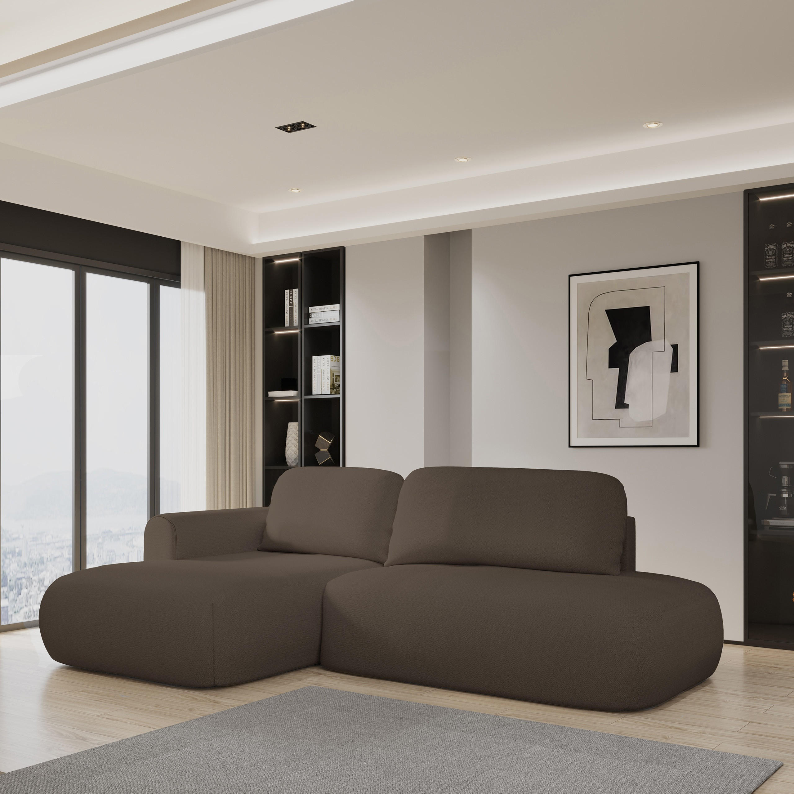 ECKSOFA NUVIRA L-S Braun Geflochtener Stoff mit Schlaffunktion - Braun, Holz (274/165cm) - MASSENO
