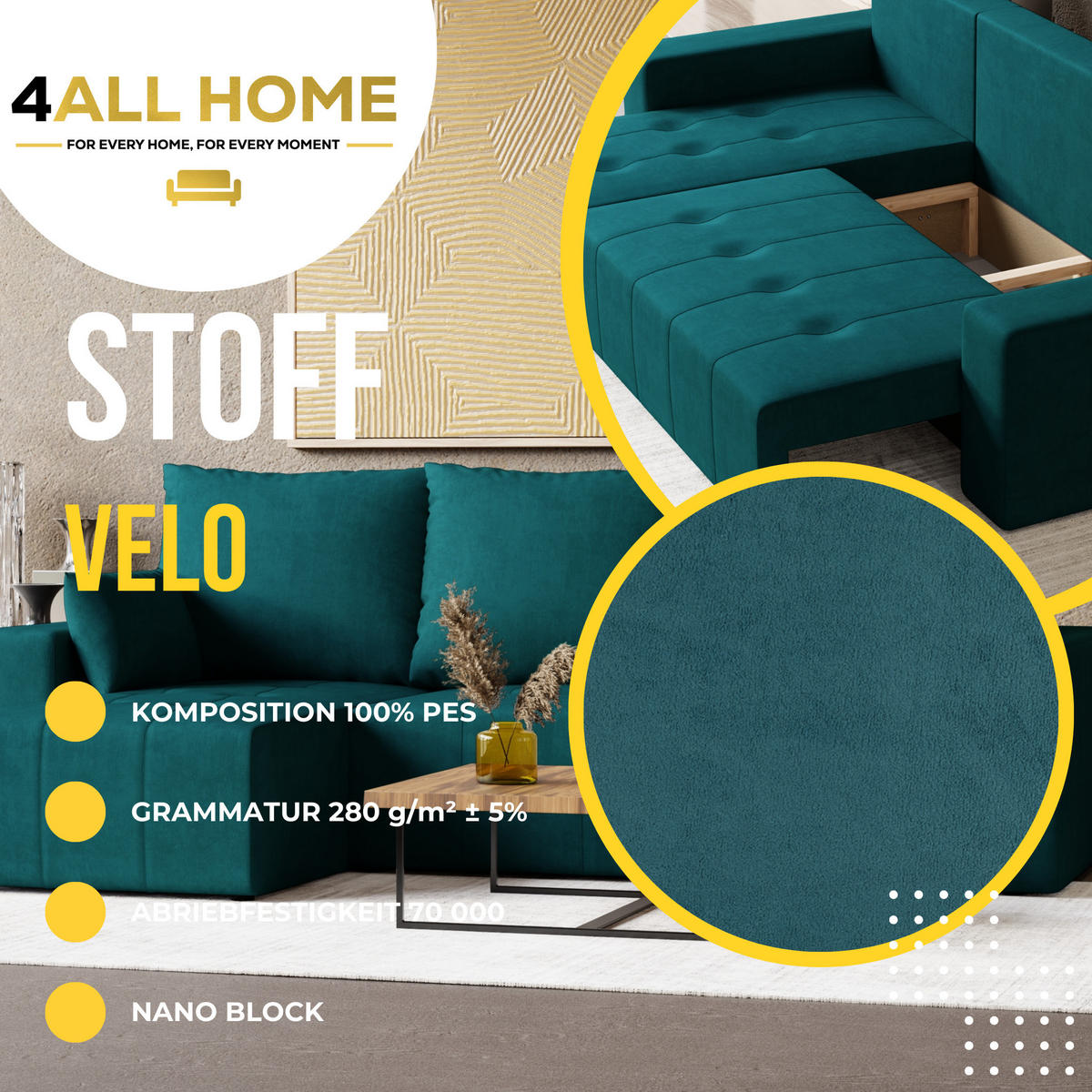 ECKSOFA Tico mit Bettkasten und Schlaffunktion, L-Form/XL-Form, Velourstoff, Universal - Türkis, Holzwerkstoff (246/145cm) - 4ALL HOME