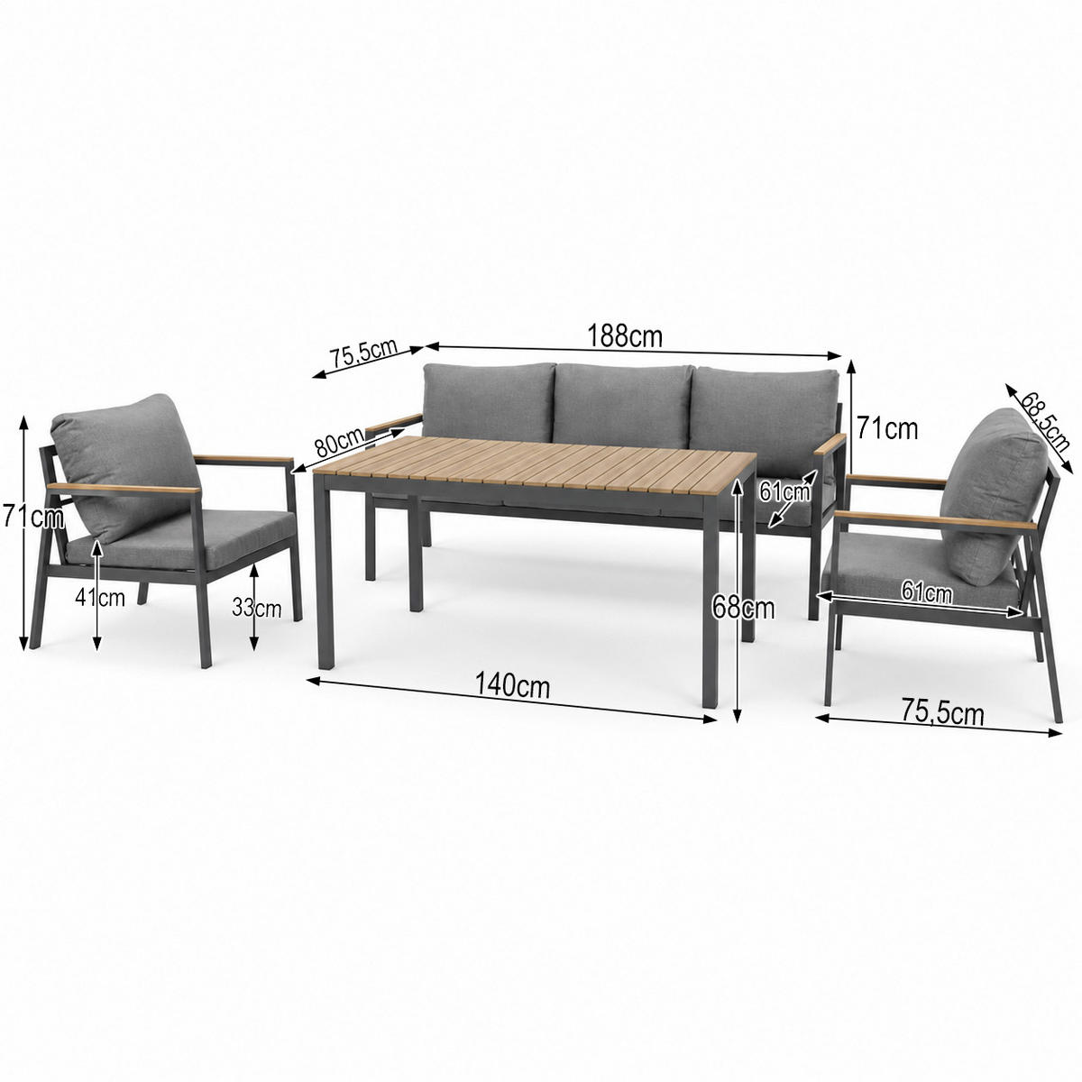 GARTENSET Winston, aus Metall, 2 Sessel + 3-Sitzer Sofa + Esstisch, für 5 Personen, Dunkelgrau - Dunkelgrau, Metall - Beautysofa