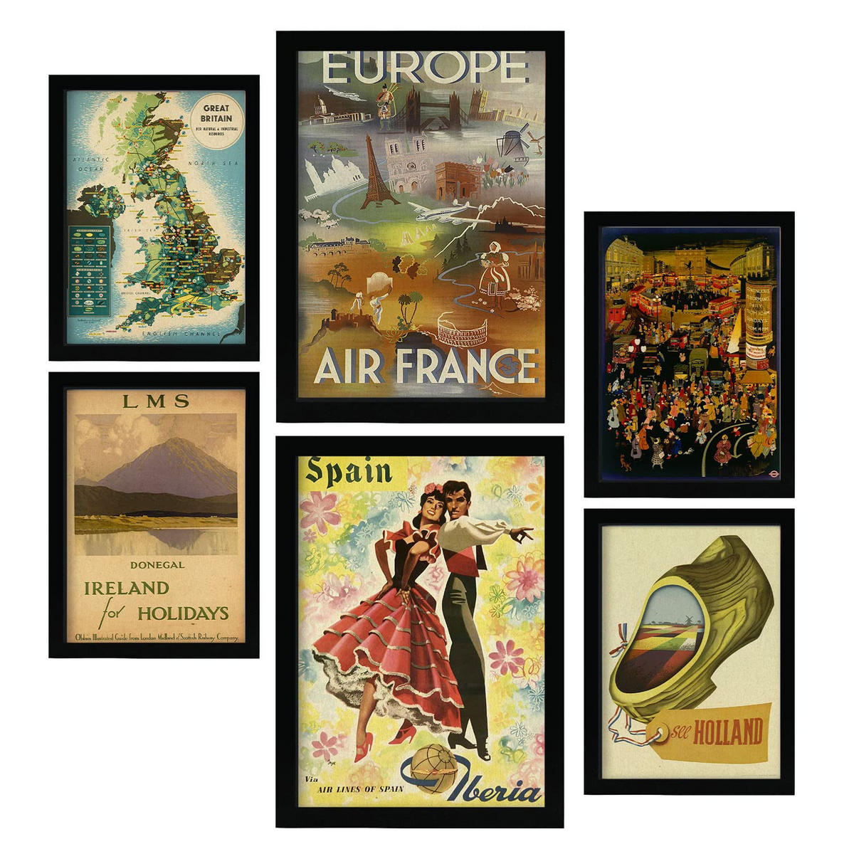 POSTER Set Mit 6 Europäische Länder Größe A3 & A4 Schwarzer Rahmen - Schwarz, Papier (29.7/1cm) - Nacnic