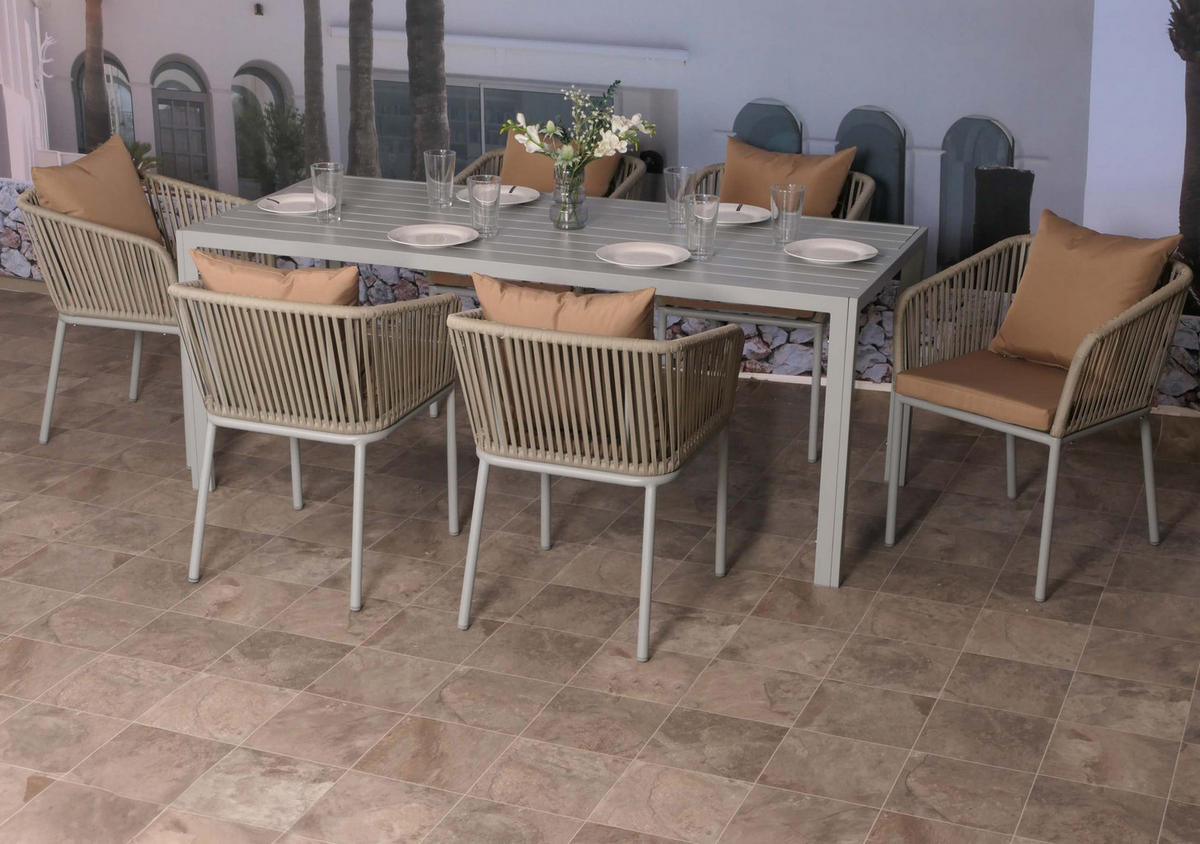 GARTENGARNITUR Tisch+6xStuhl Grau Taupe - Grau, Metall - PROREGAL