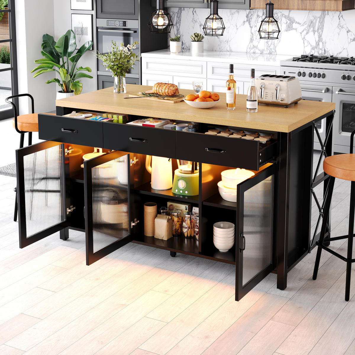 KÜCHENINSEL 150cm Schubladen Glastüren LED Schwarz Natur - Schwarz, Holzwerkstoff (150/90/80cm) - FLIEKS