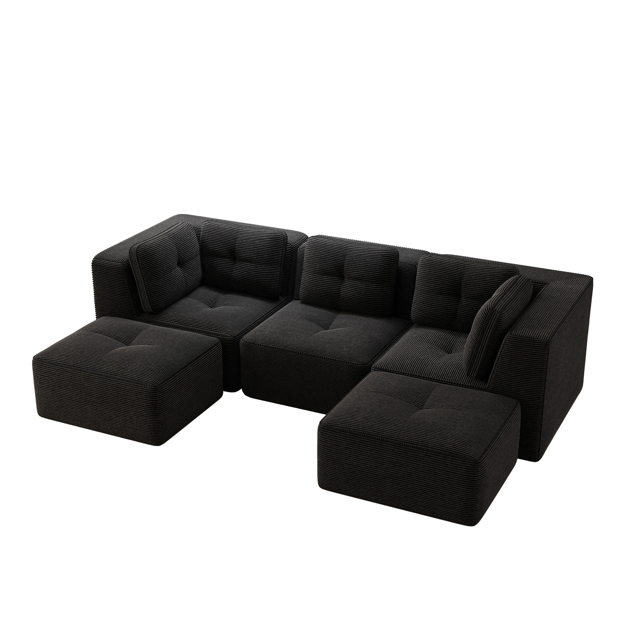 3-SITZER Sofa 297x177x69 cm aus Cordstoff rahmenlos modular mit 2 Ottomans, schwarz - Schwarz, Textil (177/69/297cm)