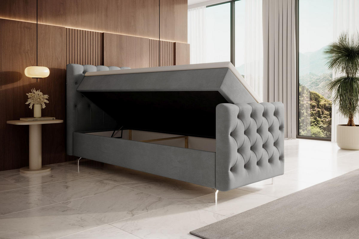 BOXBETT CHESTER PLUS mit Matratze H3, Bonell und Topper 80x200 Monolith 84 Links - Hellgrau, Textil (80/200cm) - Bedante