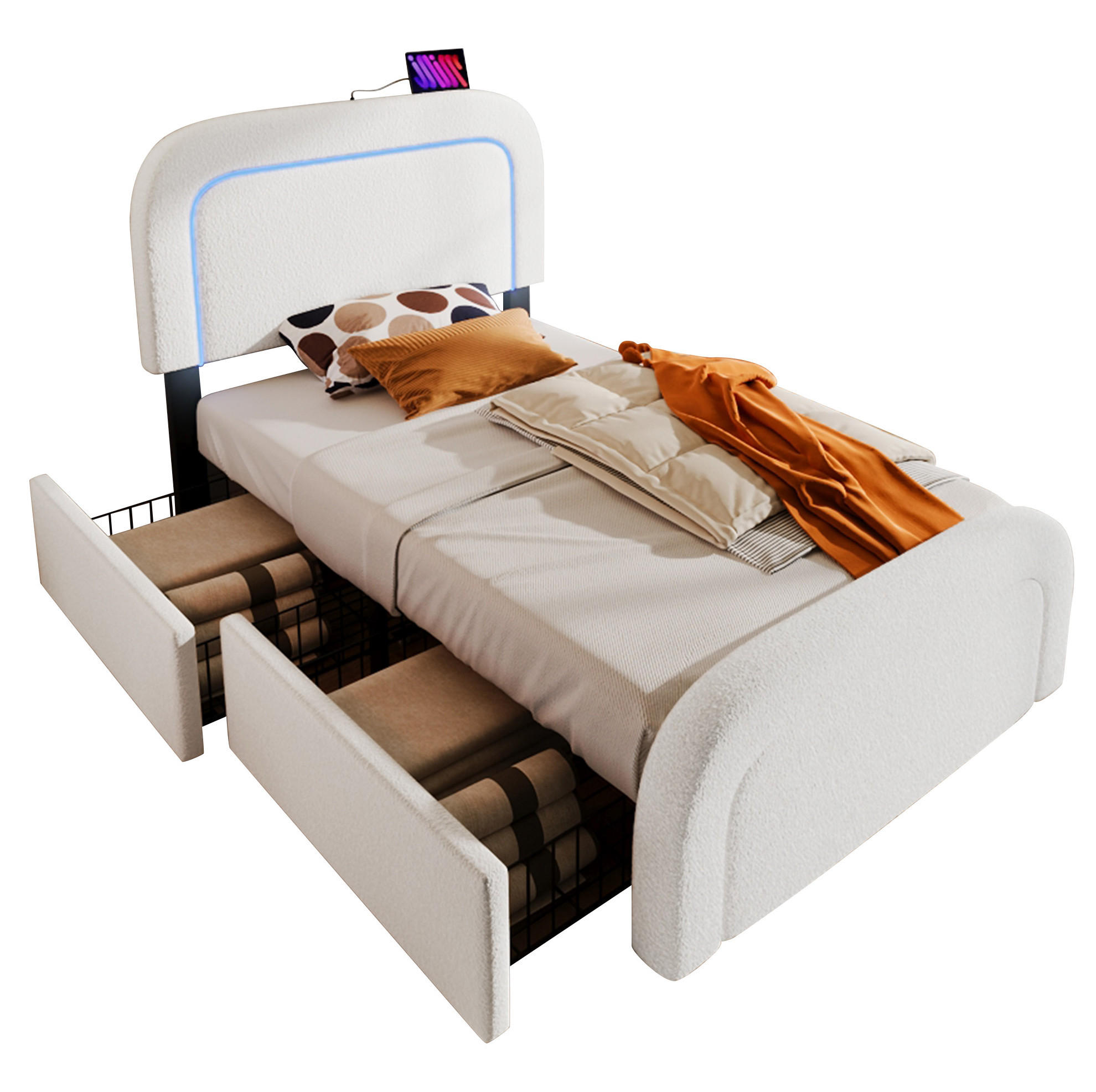 POLSTERBETT 90/200 cm aus Sherpa mit LED-Beleuchtung, USB-C und 2 Schubladen Weiß - Weiß, Fell (90/200cm) - Modenvie