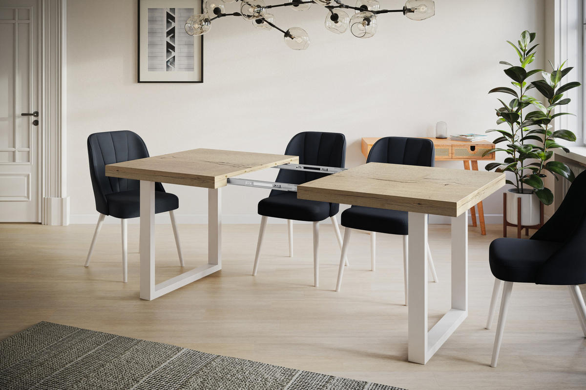 ESSZIMMERTISCH LOFT-U, ausziehbarer Tisch 120-220X80X77 cm, Farbe: HALIFAX, mit Metallbeinen in Farbe Weiß - Weiß/Naturfarben, Holzwerkstoff (120/80/77cm) - Alpi-Möbel
