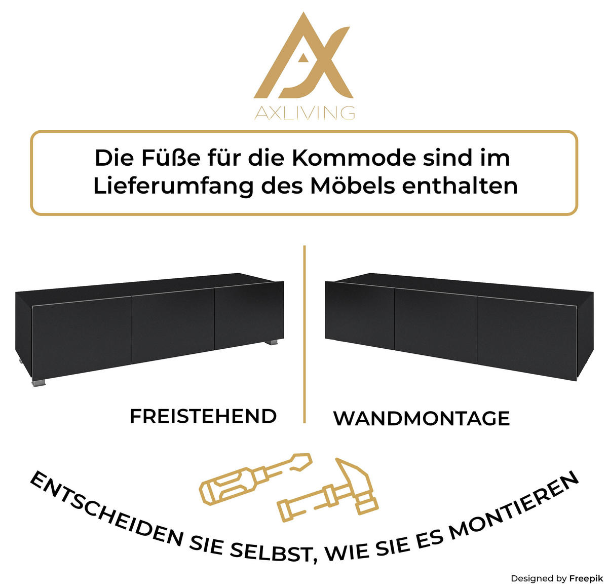 WOHNWAND Kossana 33 Modern Goldene Eiche/Schwarz 300/68/43 cm Stauraumwunder - Schwarz, Holzwerkstoff/Kunststoff (300/68/43cm) - AX Living