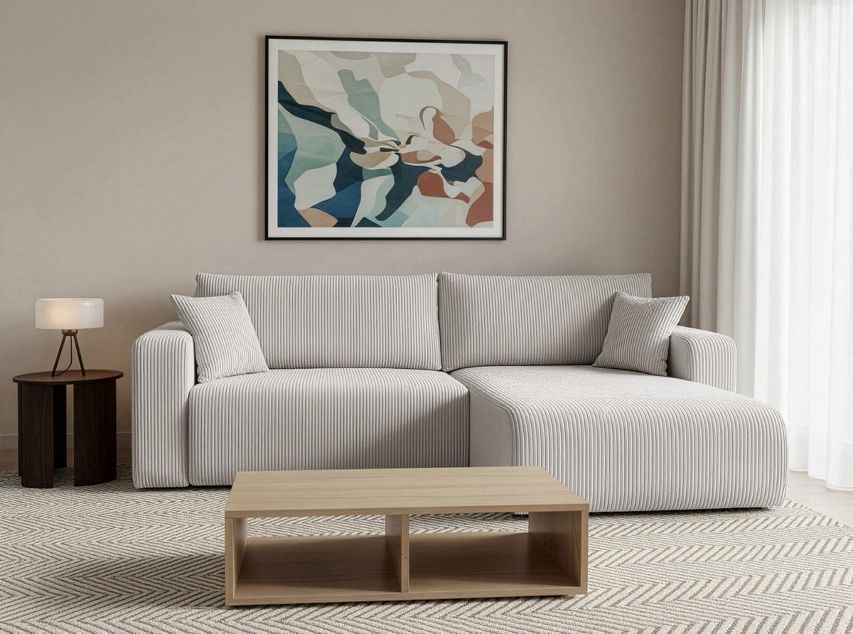 ECKSOFA mit Schlaffunktion Nellio L-Form universal mit Bettkasten Hellbeige Cord - Sandfarben/Schwarz, Kunststoff/Textil (245/145cm) - Homebook