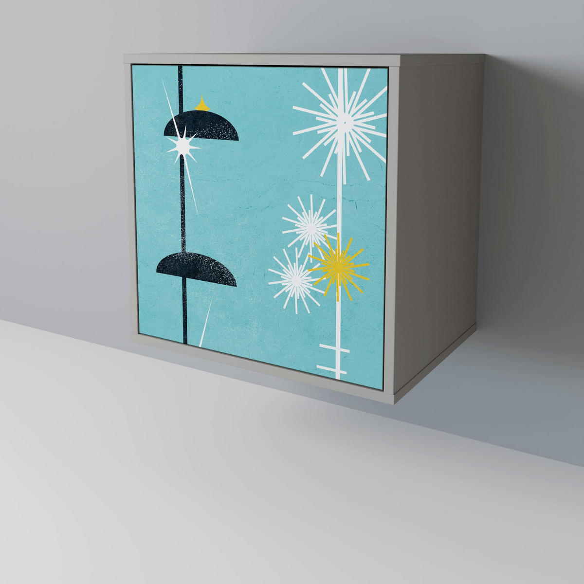 SIDEBOARD PATHS TO HAPPINESS, Grau, 57,5x42x70,5 cm, Schwarze Metall-Sternfüße - Multicolor/Schwarz, Holzwerkstoff/Metall (57.5/70.5/42cm) - SpaceRebels