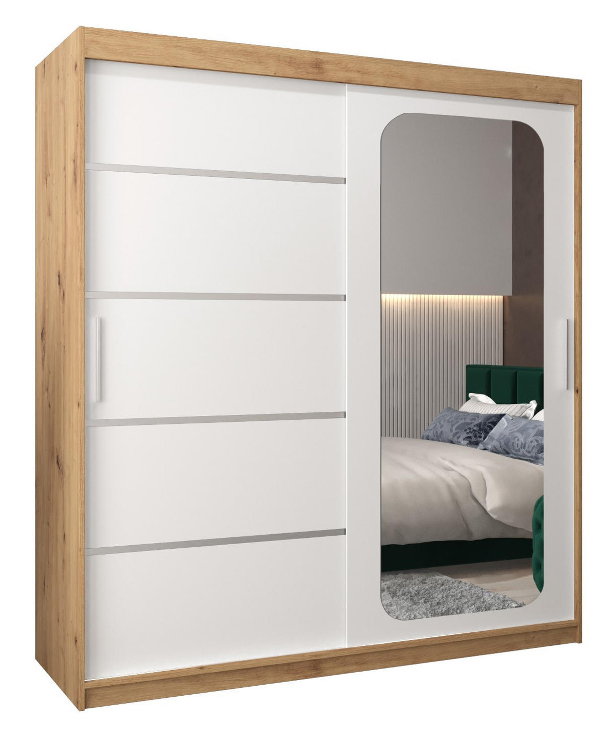 SCHWEBETÜRENSCHRANK 200/180/62 2-türig - Silberfarben/Weiß, Holz/Kunststoff (180/200/62cm) - Abiks Möbel