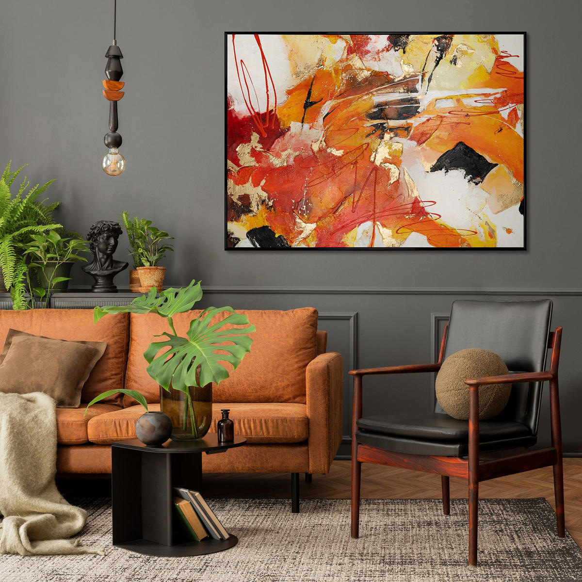 GEMÄLDE Orangene Explosion II Schattenfugenrahmen Schwarz 180x120 cm - Schwarz, Holz (180/120cm) - YS-art gallery