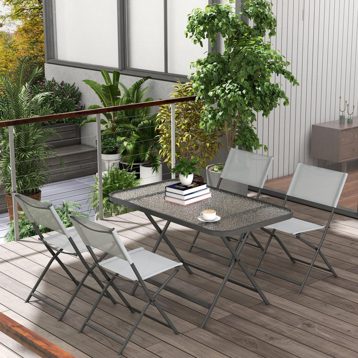 GARTENTISCHGRUPPE DE-18089 klappbar, 4 Sitzer, Glasplatte Grau - Grau, Metall - ComfortXL