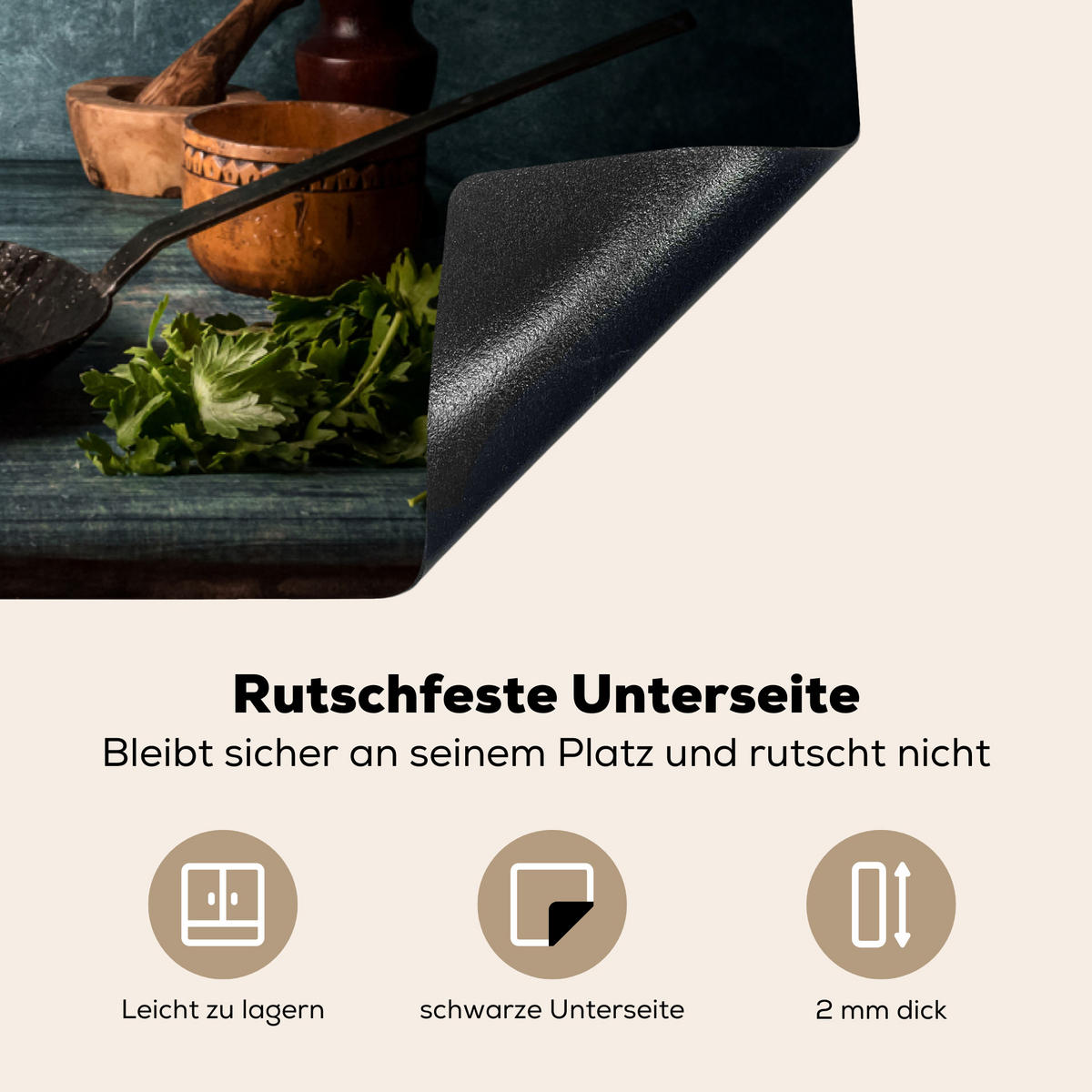 HERDABDECKPLATTE Kräuter - Gewürze - Pfanne - Messer - Grau - Rustikal Induktionsmatte 83x51 cm - Petrol, Kunststoff (83/51.5/0.2cm) - MuchoWow