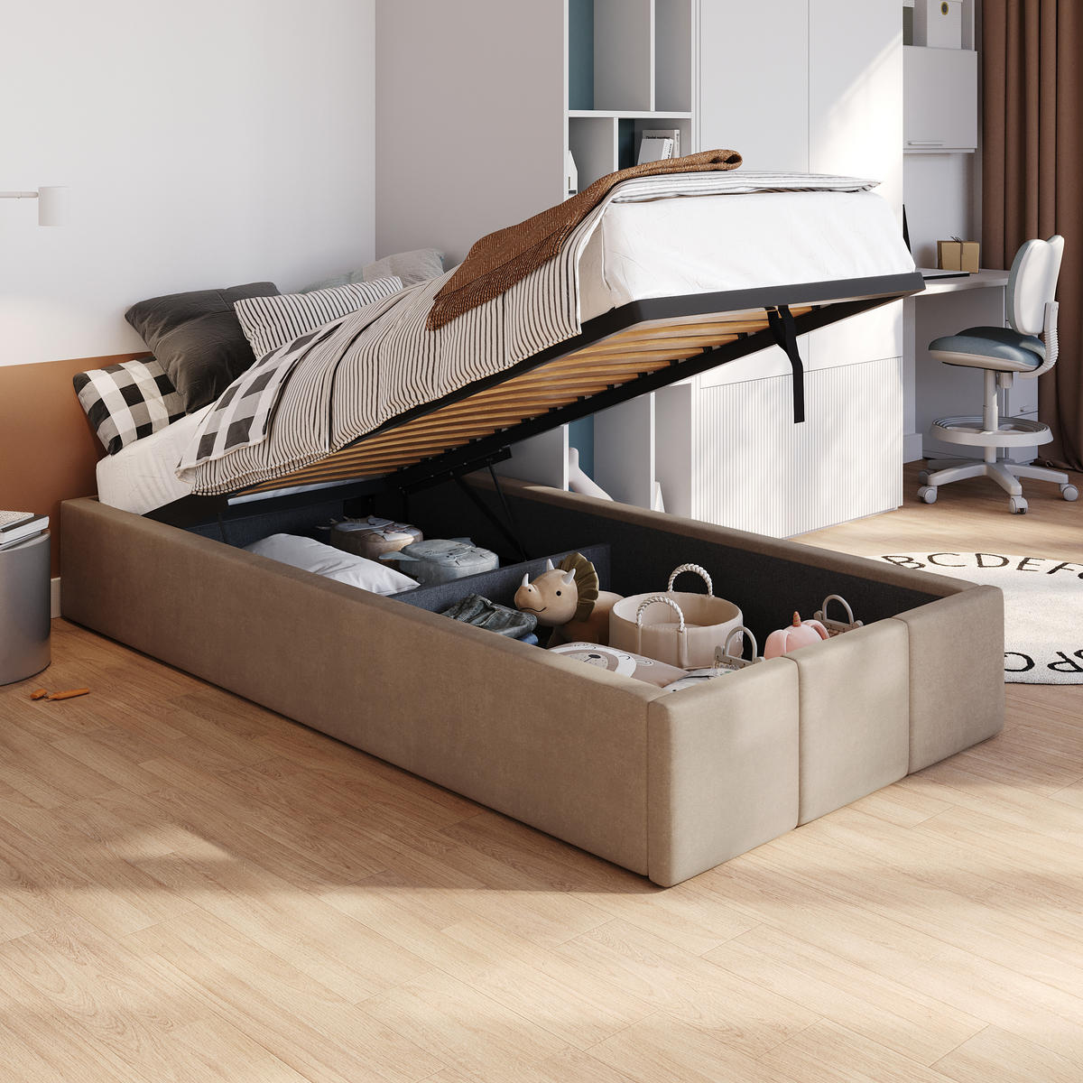 POLSTERBETT für Schlafzimmer Bett mit Stauraum Beige 90x200cm - Beige, Holzwerkstoff/Textil (90/200cm) - Muralo