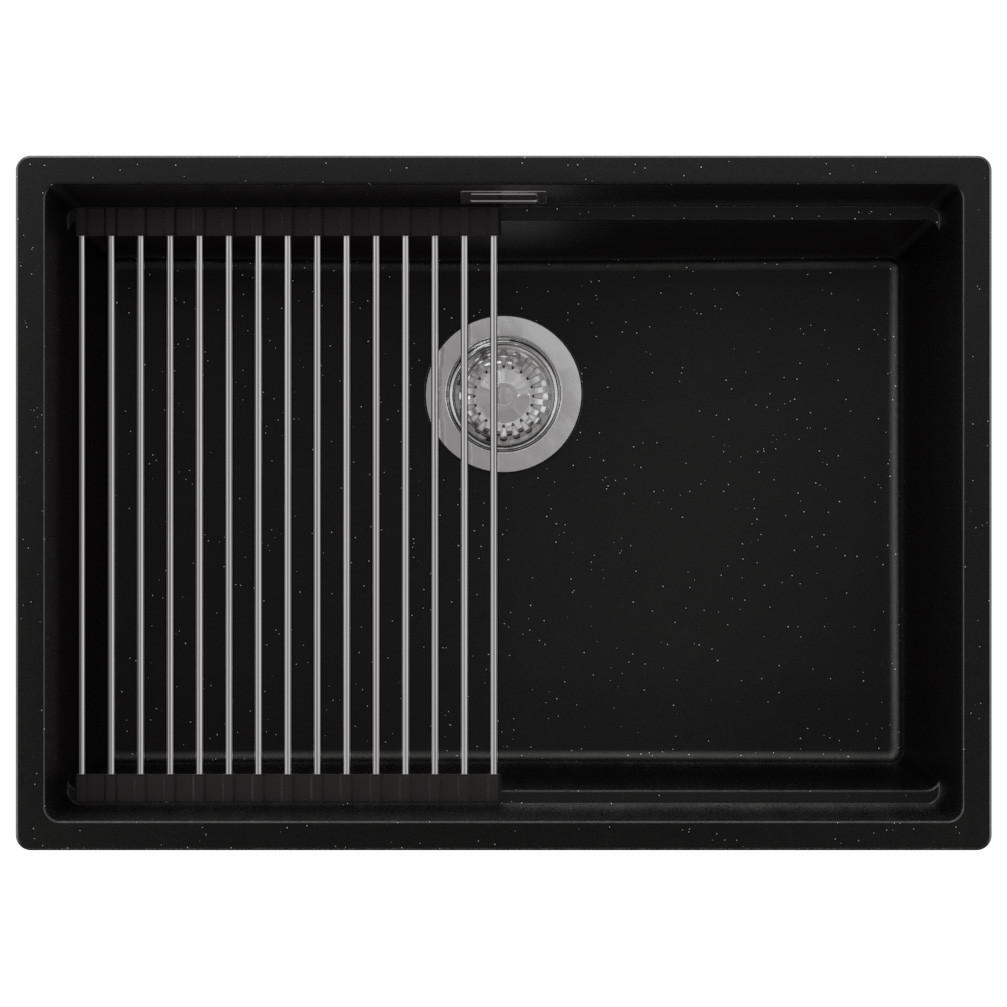 SPÜLBECKEN Praga Slim, 2-er set Schwarz Metallic 66/47 cm 1 Becken + Ablauf-Set + Aufrollbare Abtropffläche ab 70er Unterschrank - Chromfarben/Schwarz Hochglanz, Kunststoff (66/20/47cm) - Primagran