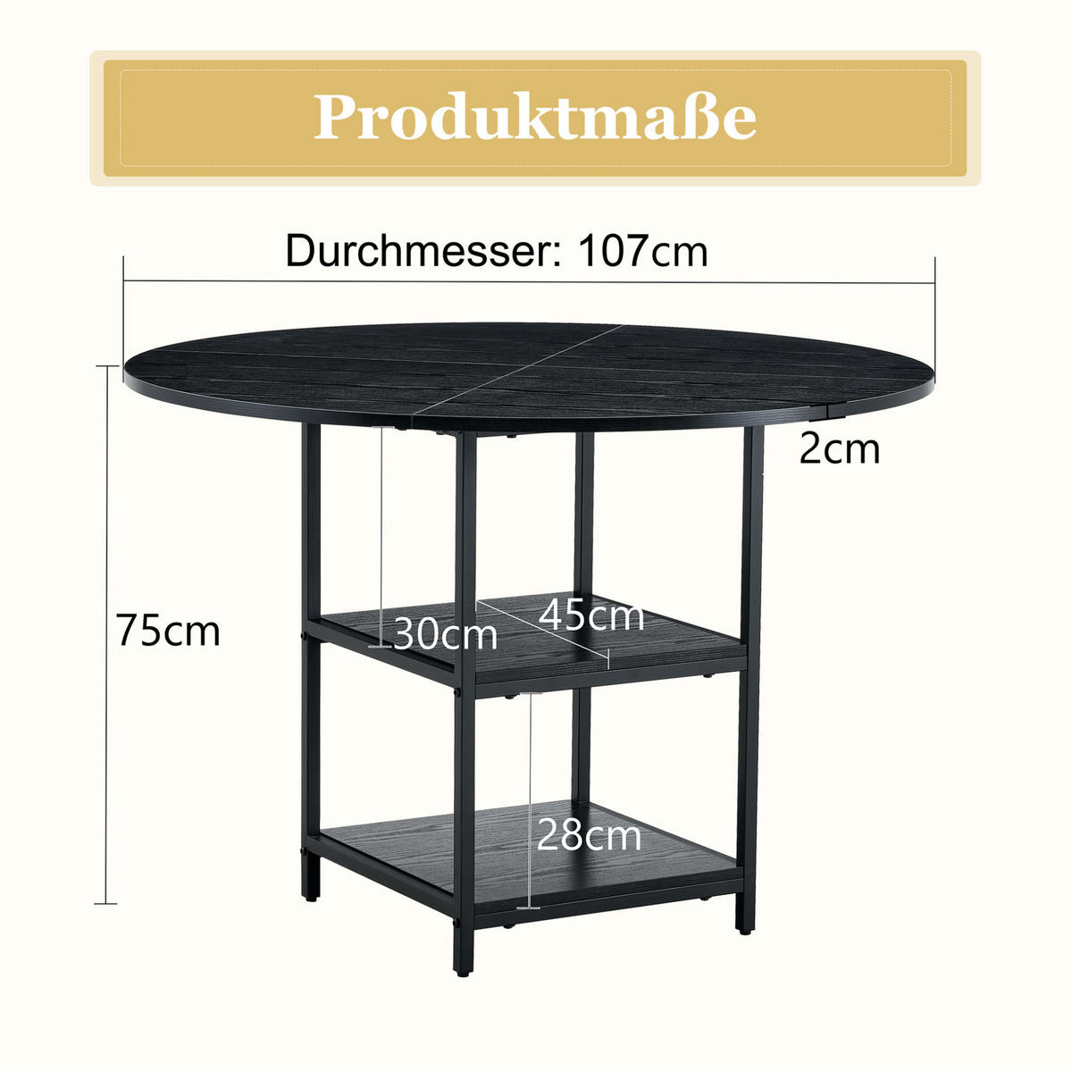 ESSTISCH 107/107/75 cm mit doppelter offener Ablage und Metallgestell in Holzoptik, Schwarz - Schwarz, Holzwerkstoff (107/107/75cm) - Redom
