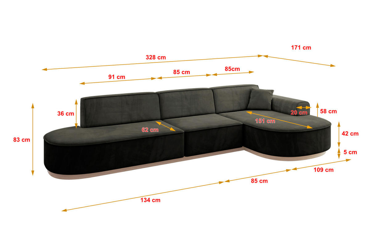 ECKSOFA Ottomane Rechts MARI-L2-v1 - 328x171x83 cm Schwarz Velours - Schwarz, Holzwerkstoff/Textil (171/328cm) - ALTDECOR