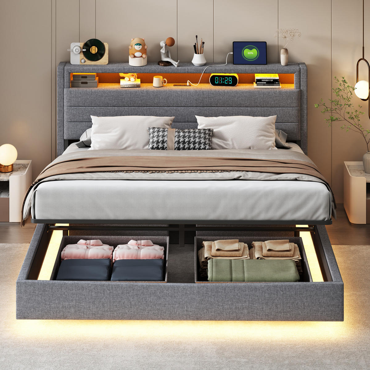 POLSTERBETT 160/200 cm mit Stauraum und LED-Beleuchtung aus Leinen grau - Grau, Textil (160/200cm) - OKWISH