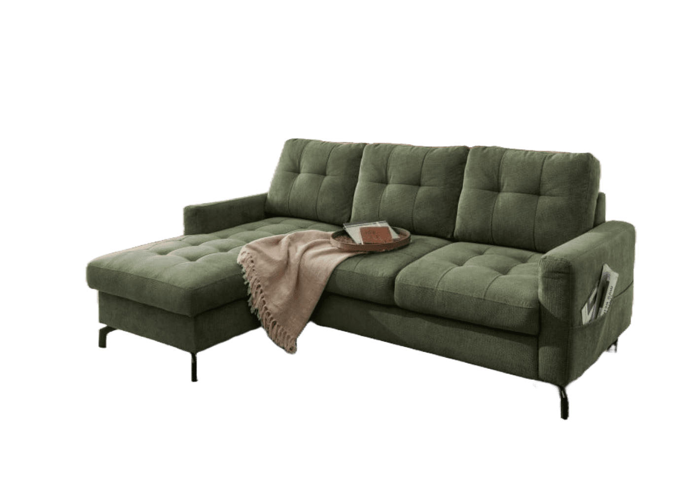 ECKSOFA mit Schlaffunktion und Bettkasten, Luxus-Mikrofaser - Dunkelgrün/Schwarz, Textil/Metall (230/150cm) - myHomelando