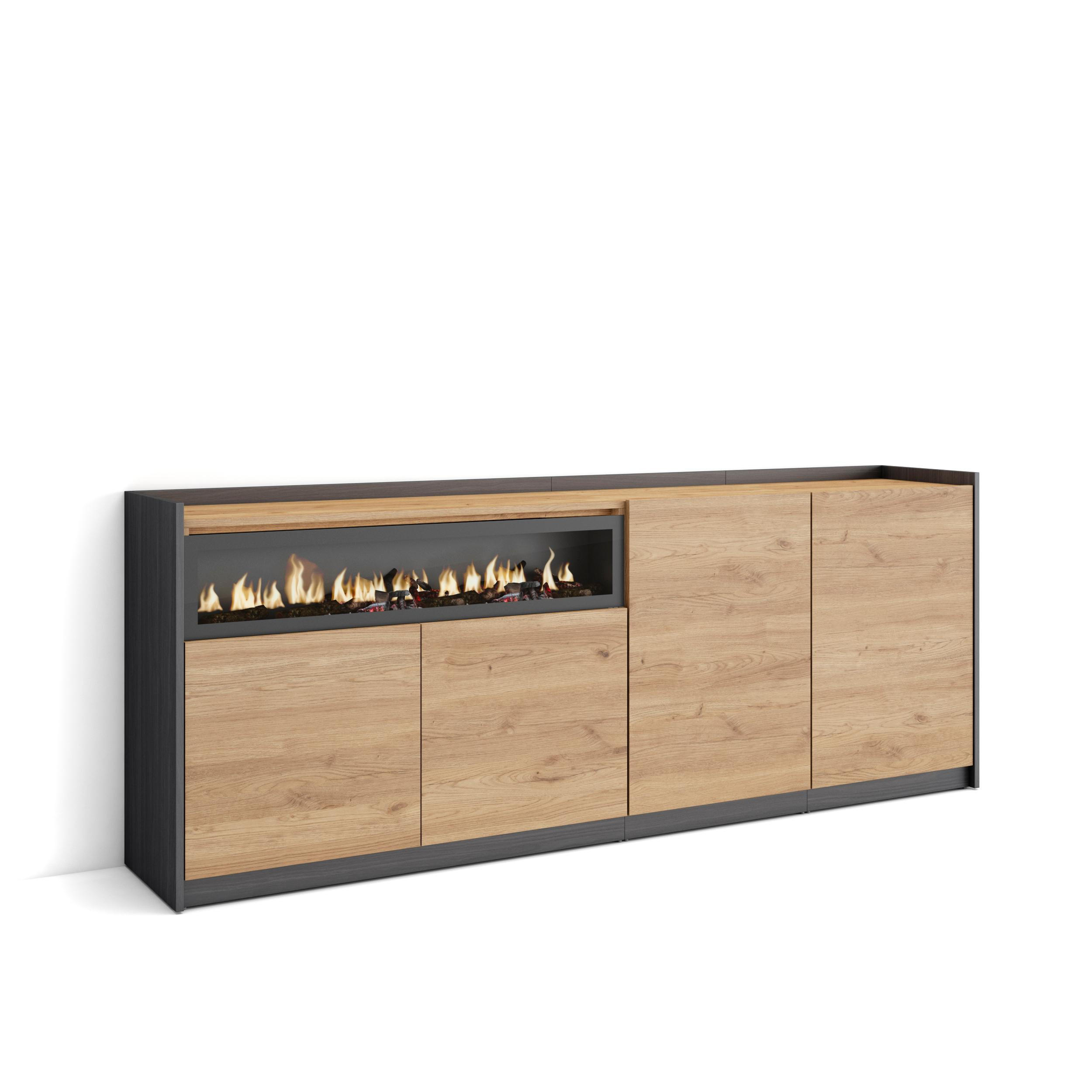 SIDEBOARD, Highboard, Eiche Schwarz, Elektrokamin, 207/37/80cm - Eichefarben, Holzwerkstoff (207/80/37cm) - Skraut Home