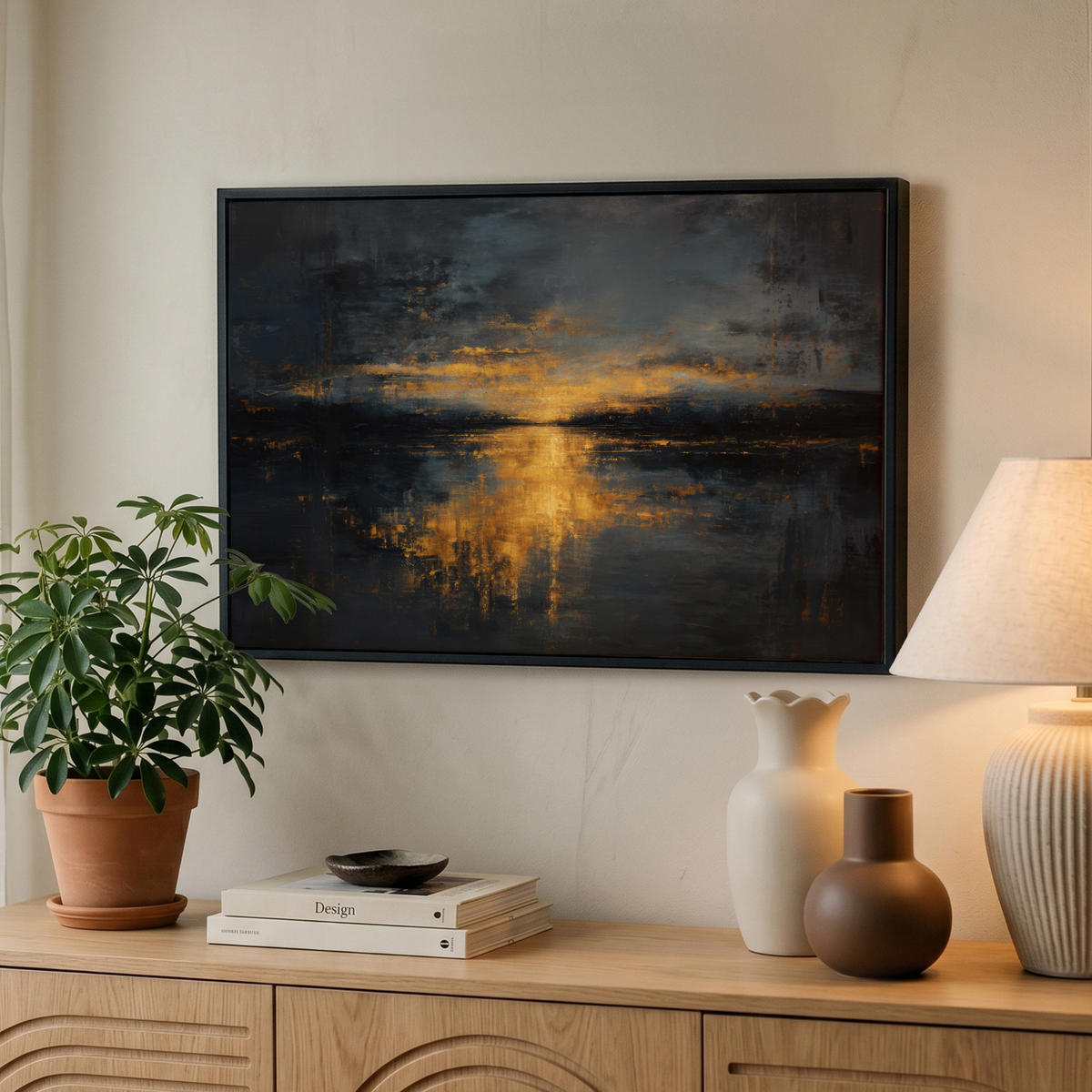 LEINWAND Bilder mit Rahmen - Goldene Reflexion auf dem Wasser - 60x40 - Anthrazit, Textil (60/40cm) - MuchoWow
