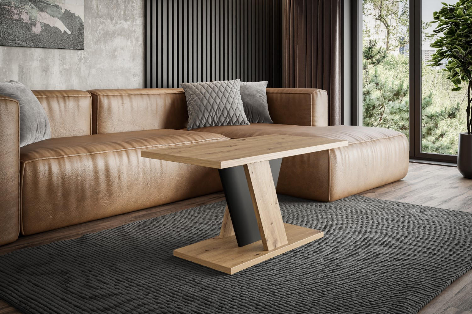 KAFFEETISCH 110x70x60 cm - Artisan Eiche Optik / Schwarz - INEY - Eichefarben, Holzwerkstoff (110/70/60cm) - ALTDECOR