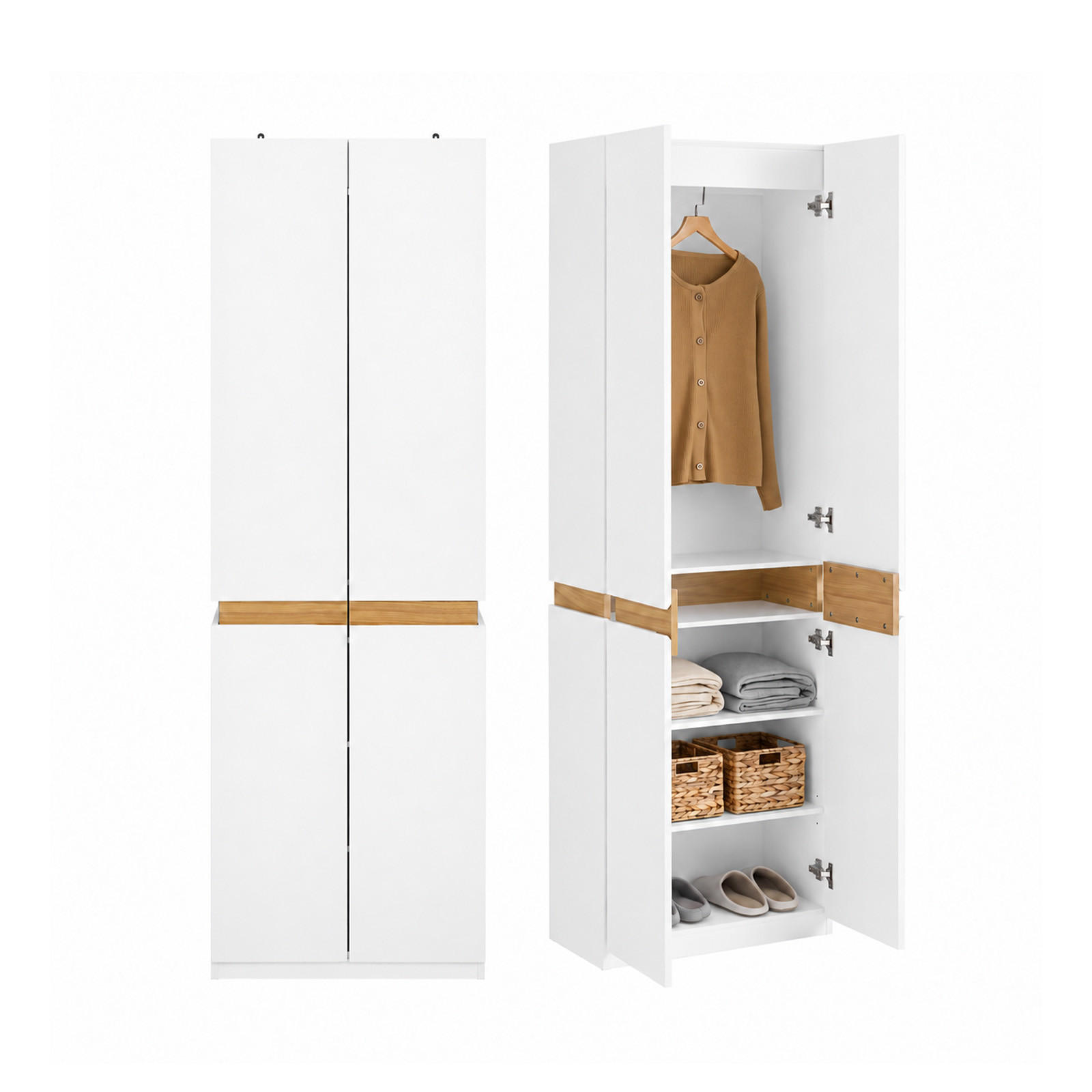 KLEIDERSCHRANK schmal, 61 x 192 x 30 cm, weiß, mit Kleiderstange und Fächern, 30 cm tief für Schlafzimmer und Flur - Weiß, Holzwerkstoff (61/192/30cm) - SoBuy
