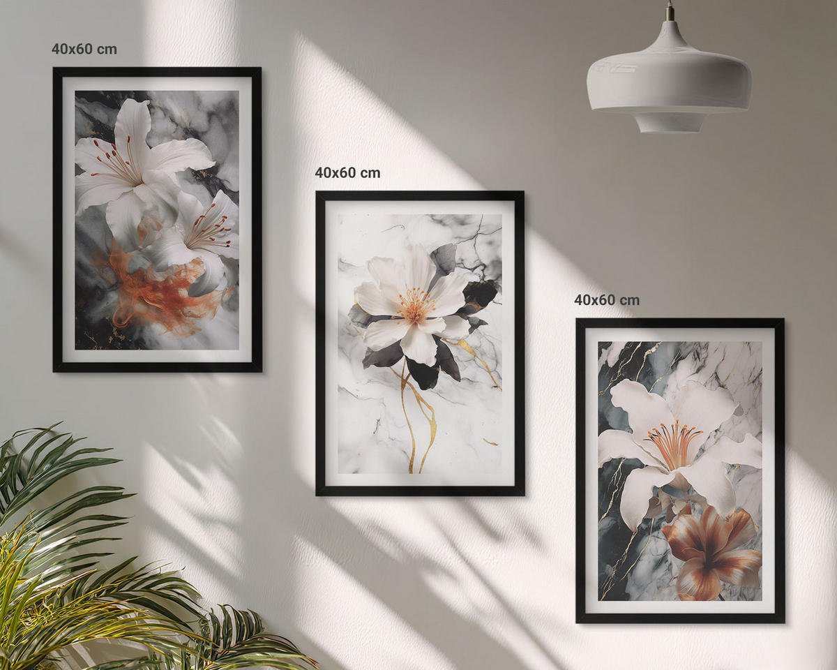 WANDBILDER 3er-Set - 40x60 cm Schwarzer Rahmen - Blumen Marmor weiß schwarz - Schwarz, Kunststoff (40/60cm) - ArtPrintCave
