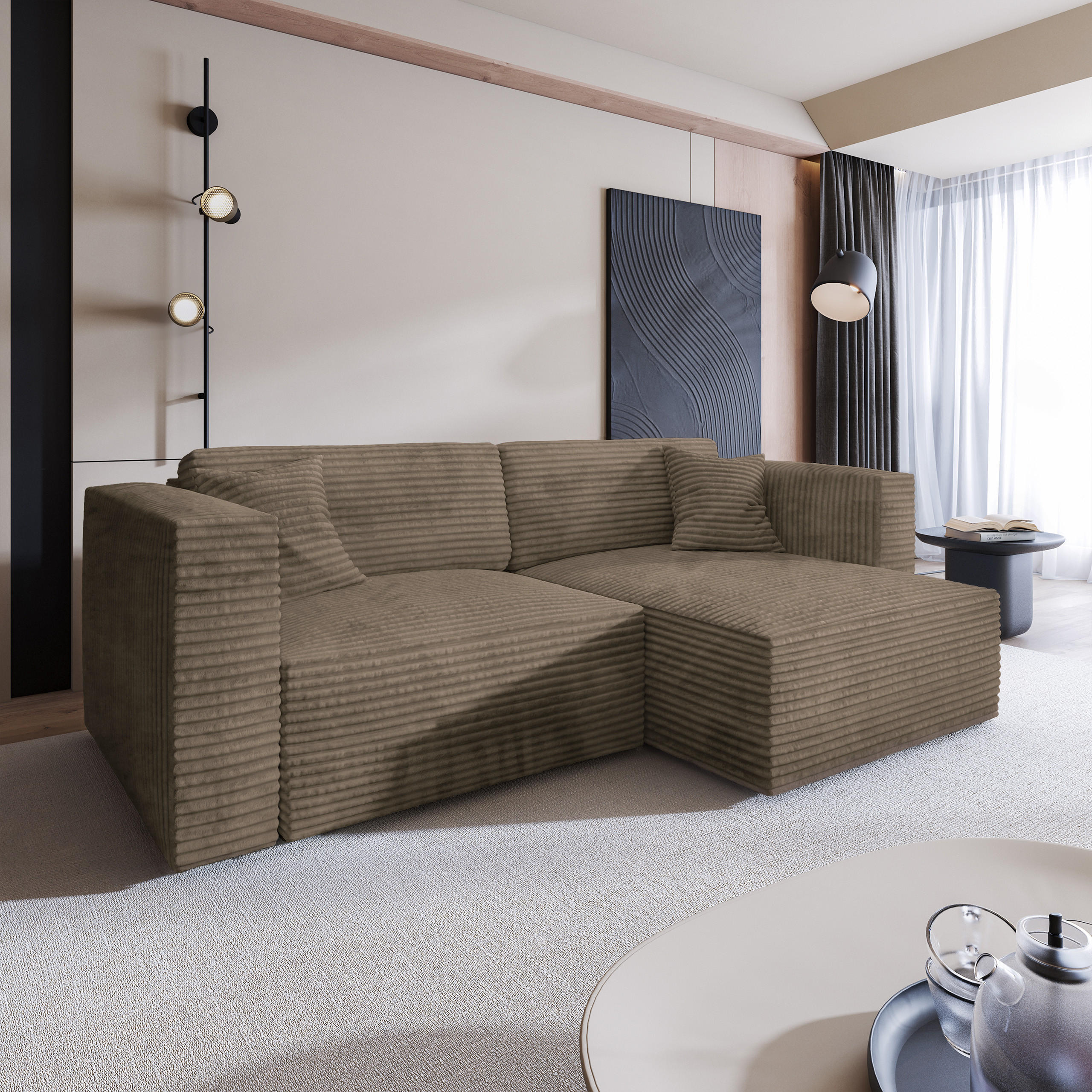 ECKSOFA NERIO Beige Kordstoff mit Schlaffunktion - Beige, Holz (245/148cm) - MASSENO