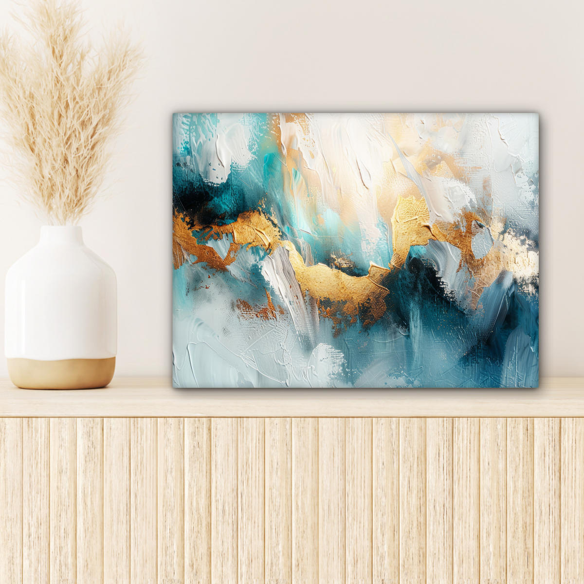LEINWANDBILD Abstrakt - Kunst - Gold - Blau Wandbild 40x30 cm - Petrol, Textil (40/30cm) - MuchoWow