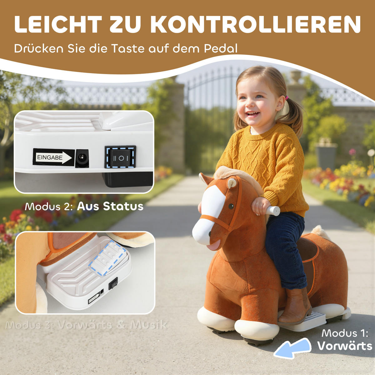 KINDER Elektroauto in Pferdform, 6V Kinderfahrzeug mit Musik, Fußpedal Braun - Braun, Textil (74/34/51cm) - AIYAPLAY