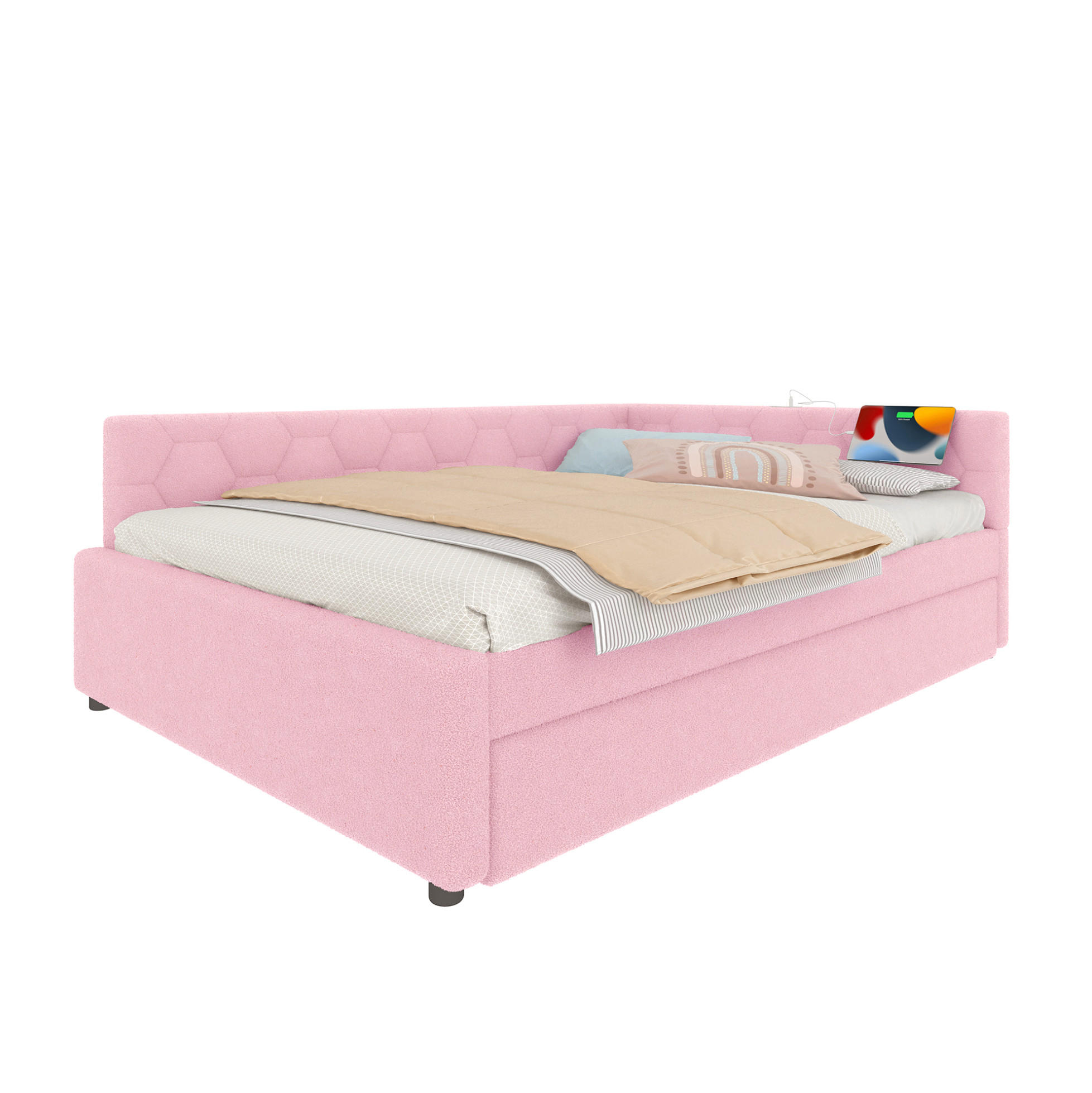 TAGESBETT 140/200 cm mit Ausziehbett, USB- und Typ-C-Anschluss, Nachttischlampe und Vliesimitat-Bezug, Rosa/Weiß - Rosa, Textil (140/200cm) - Redom