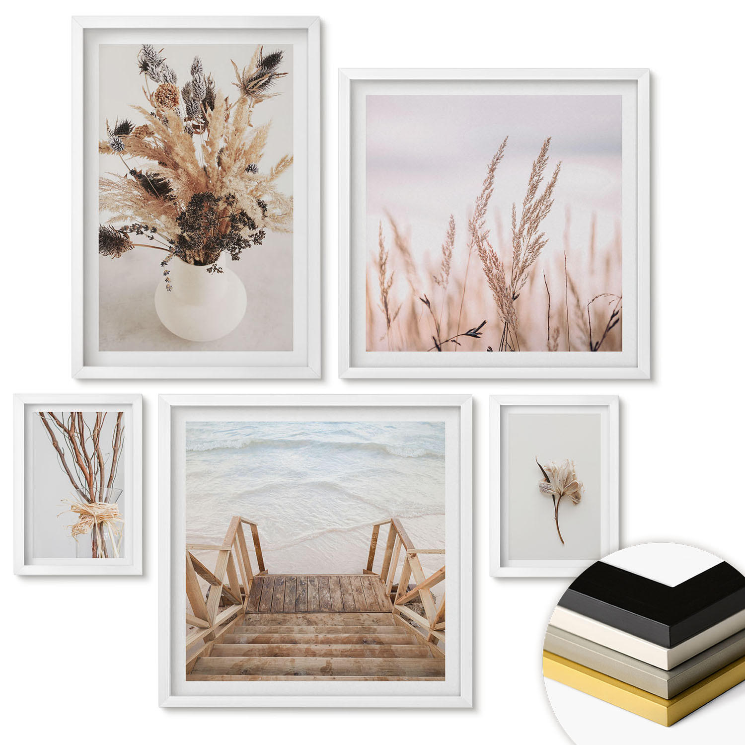 WANDBILDER 5er-Set - 50x50 cm & 20x30 cm & 40x60 cm Weißer Rahmen - Blumenzweige Minimalismus Natur - Weiß, Kunststoff (40/60cm) - ArtPrintCave