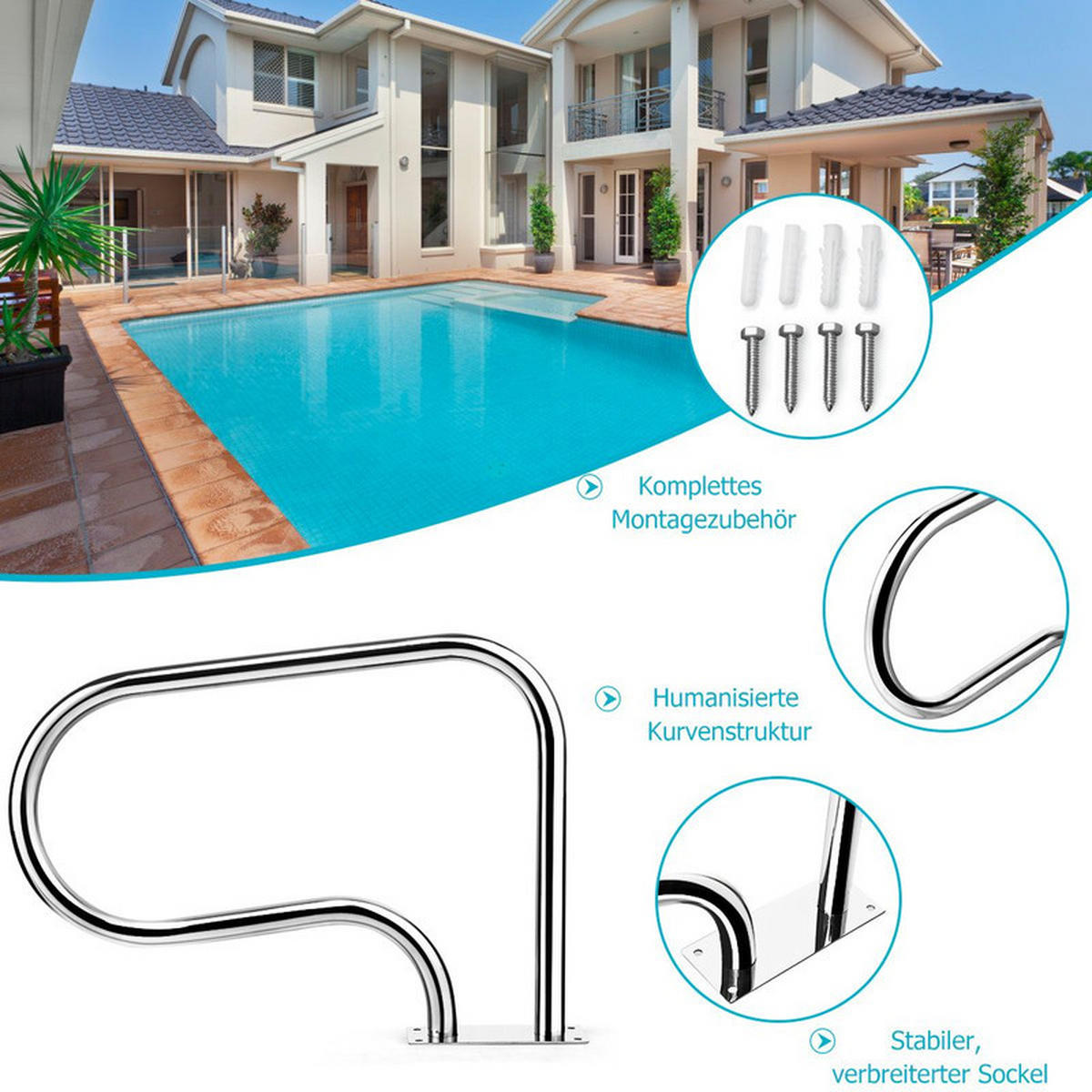 POOLHANDLAUF aus Edelstahl silber - Silberfarben, Metall (81/57/10cm) - COSTWAY