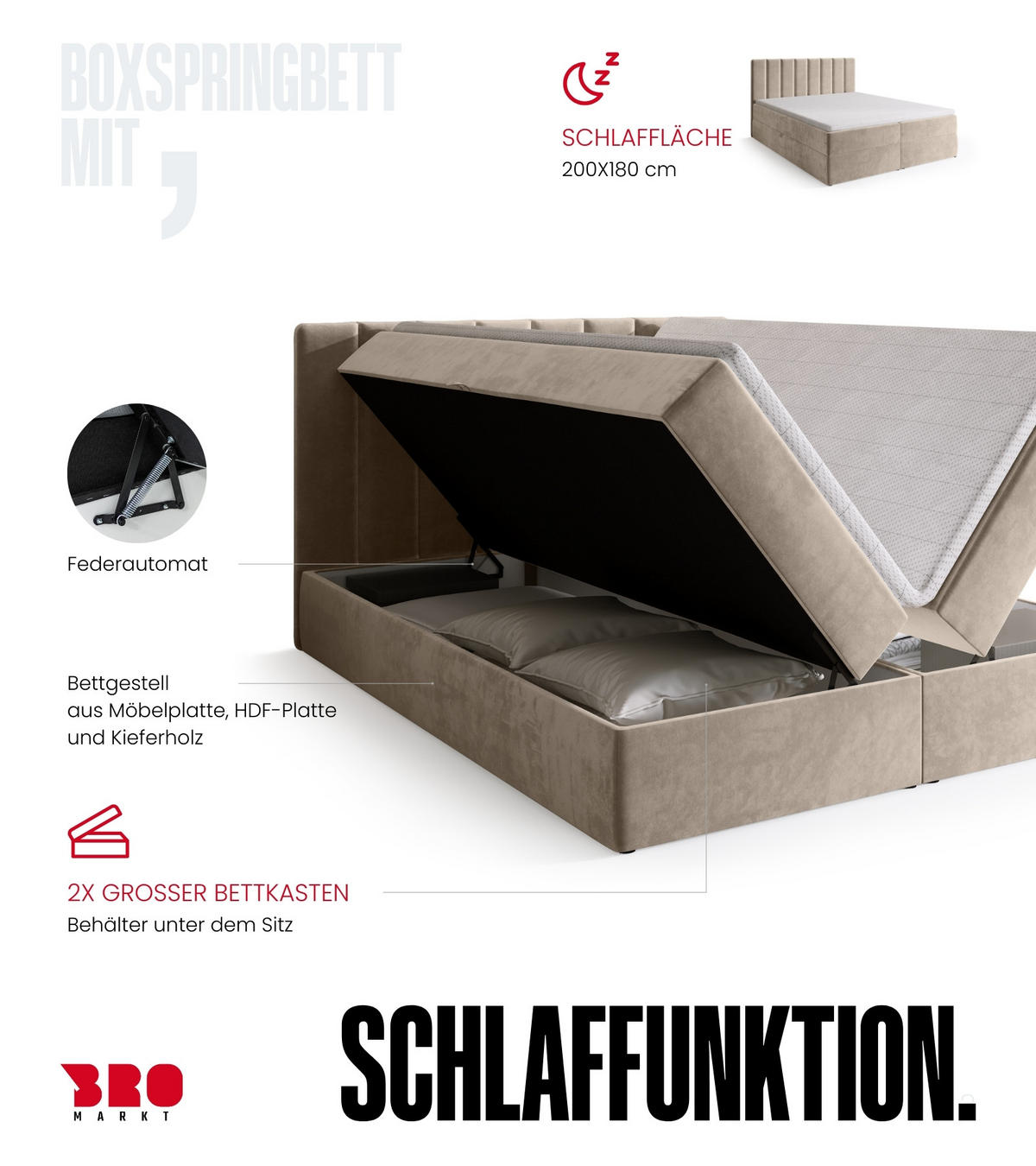 BOXBETT DENVER mit Topper 180x200 Beige - Ecru, Textil (180/200cm) - Bromarkt