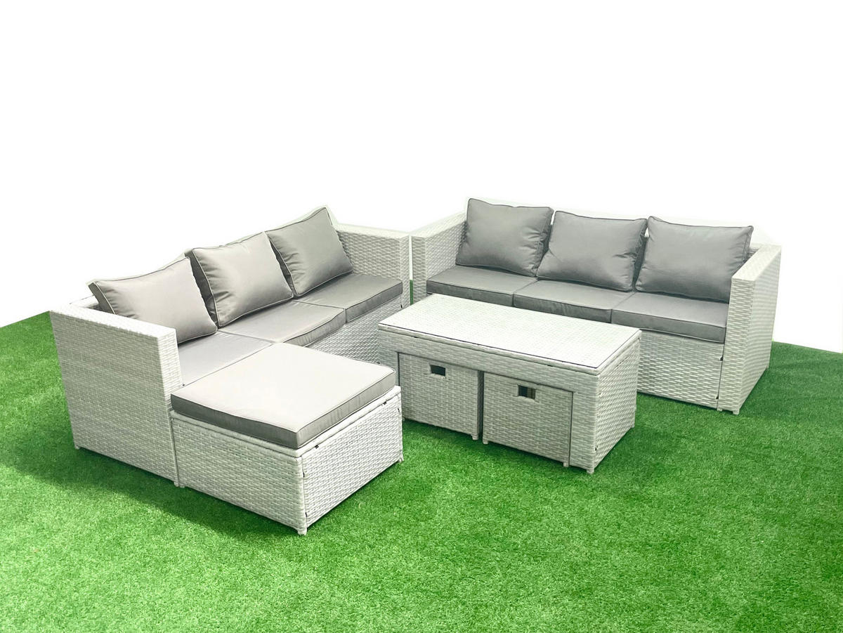 GARTENSOFA hohe Rückenlehne Polyrattan Hellgrau-Mix 9-Sitzer - Hellgrau/Grau, Glas/Kunststoff - Fimous