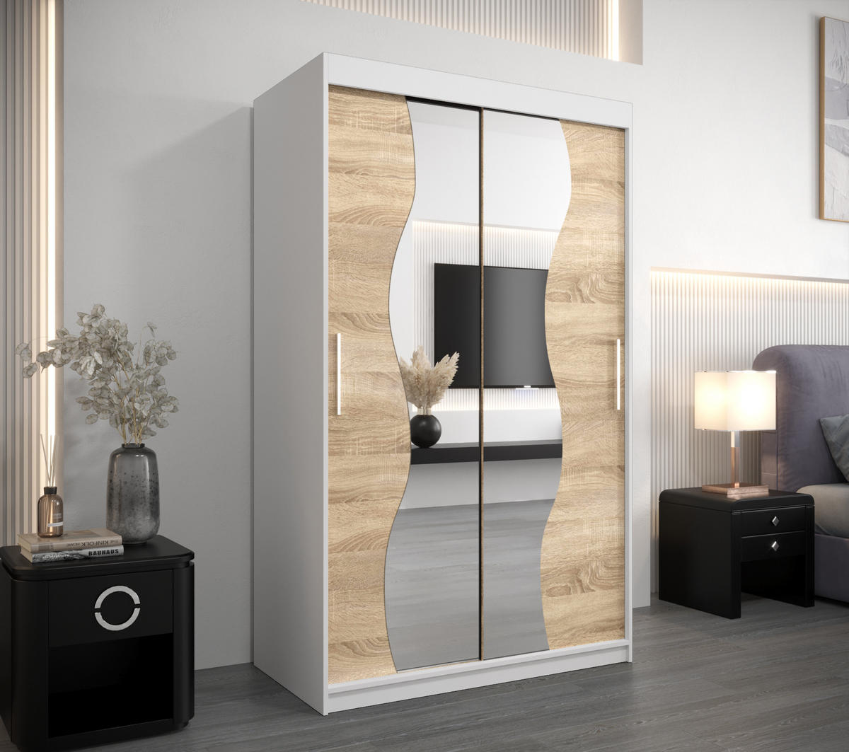 SCHWEBETÜRENSCHRANK 200/120/62 2-türig - Silberfarben/Weiß, Holz/Kunststoff (120/200/62cm) - Abiks Möbel