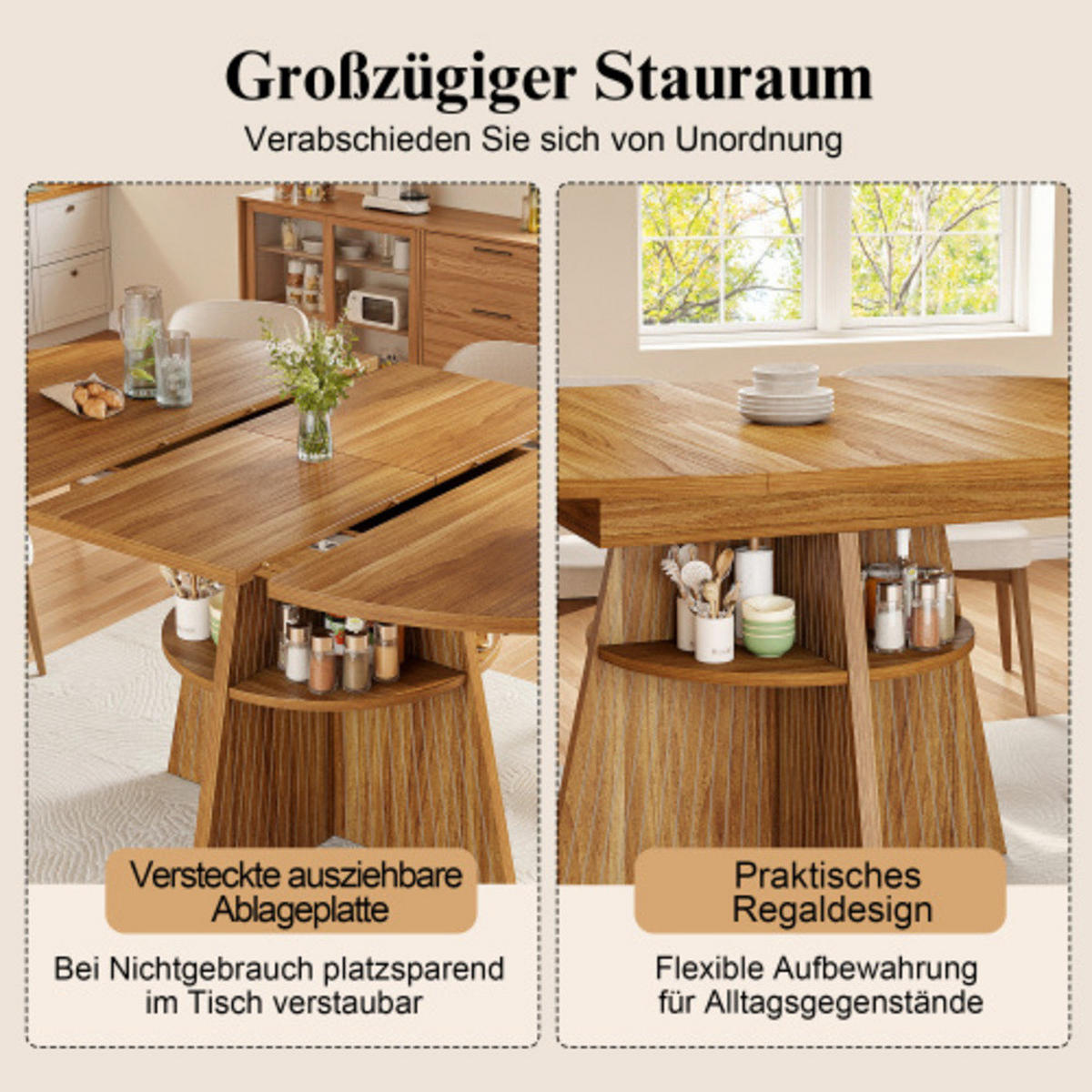 ESSTISCH Ausziehbarer 110-150×110×76 cm aus MDF und Metall mit Säulenfüßen und unterer Ablage, dunkelbraun - Dunkelbraun, Holzwerkstoff (150/110/76cm) - Luhomfu