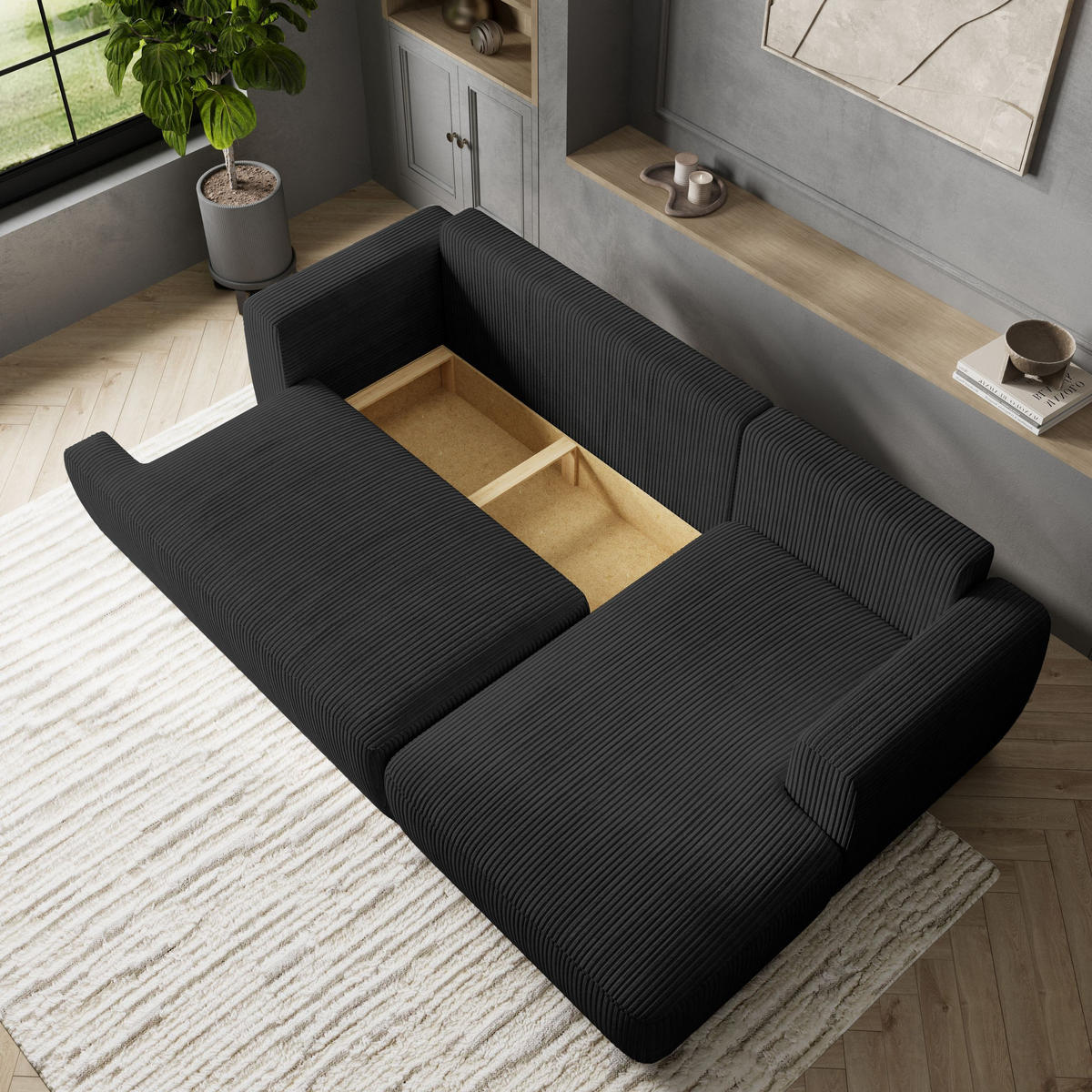 ECKSOFA SENTI P R-S Schwarz Kordstoff mit Schlaffunktion - Schwarz, Holz (246/148cm) - MASSENO