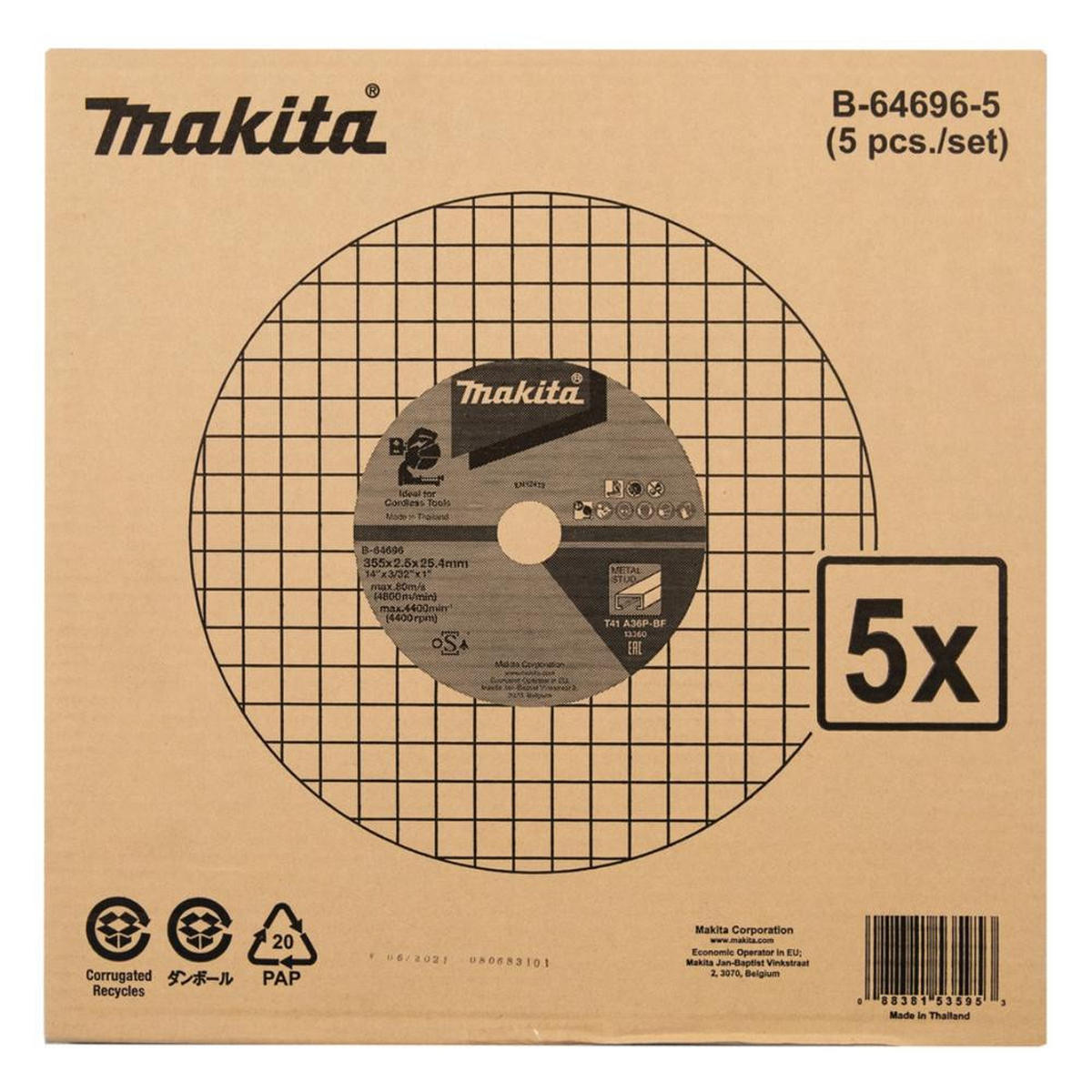 MAKITA B-64696-5 Trennscheibe 355 x 2,5 x 25,4 mm A36P 5 Stück für Stahl - Multicolor, Kunststoff (370/370/60cm) - Makita