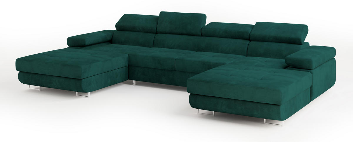 WOHNLANDSCHAFT LYKKE Grün Velours-Stoff mit Schlaffunktion - Grün, Holz (353/90/202cm) - MASSENO