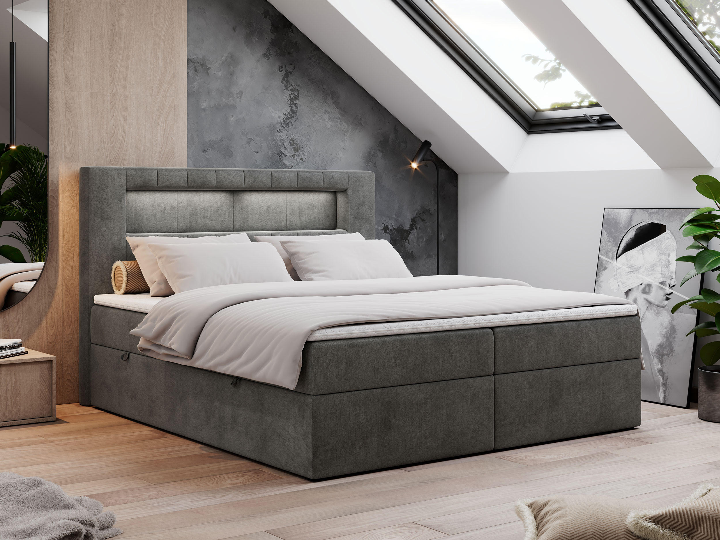 BOXBETT GOLD-5 LED 120/200 Dunkelgrau Velvet - H3 - Dunkelgrau, Holz/Textil (120/200cm) - MKS