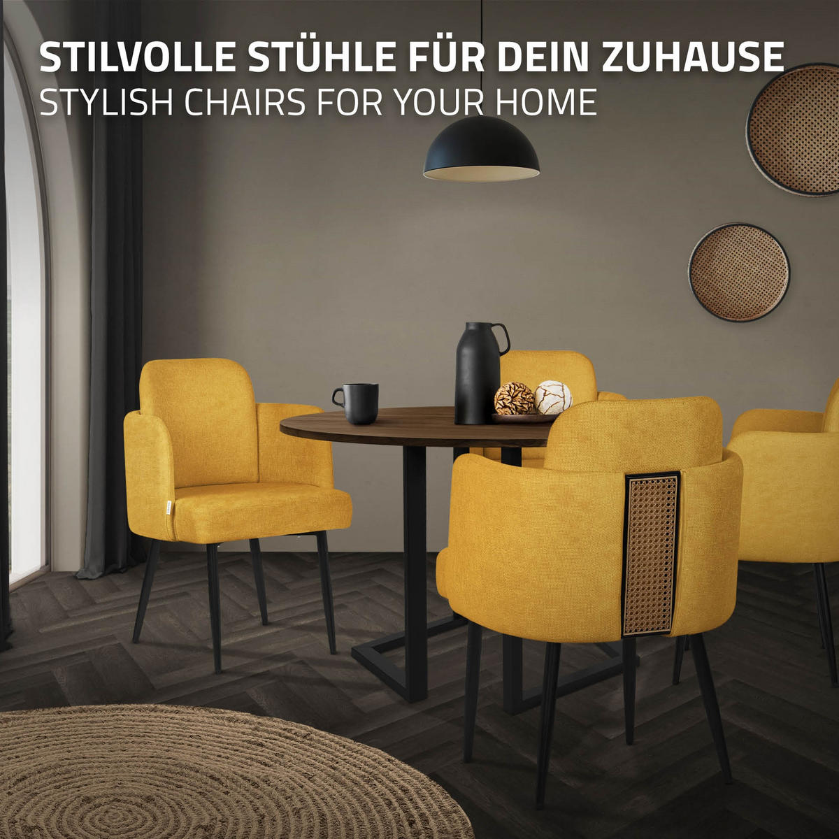 ESSZIMMERSTÜHLE 2er Set Senf mit Stoffbezug Rattan Optik - Gelb/Schwarz, Textil/Metall (59/86/59cm) - ML-DESIGN