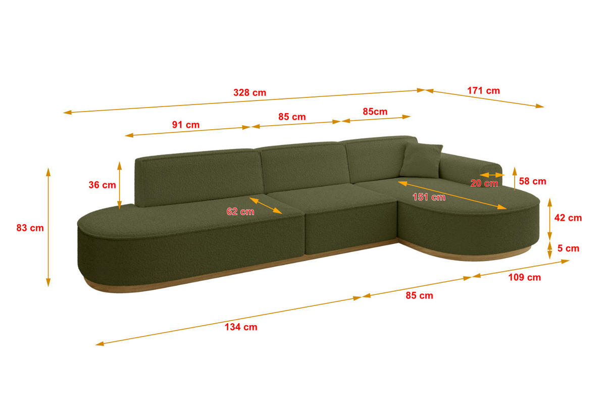 ECKSOFA Ottomane Rechts MARI-L2-v2 - 328x171x83 cm Grün Bouclé - Grün, Holzwerkstoff/Textil (171/328cm) - ALTDECOR