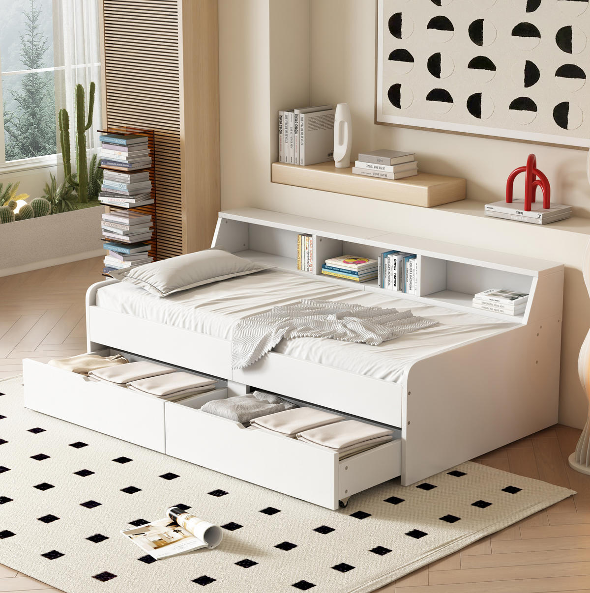 TAGESBETT 90/200 cm mit 2 Schubladen und 3 Ablagefächern aus Kiefern und MDF, Weiß - Weiß, Holzwerkstoff (90/200cm) - Redom