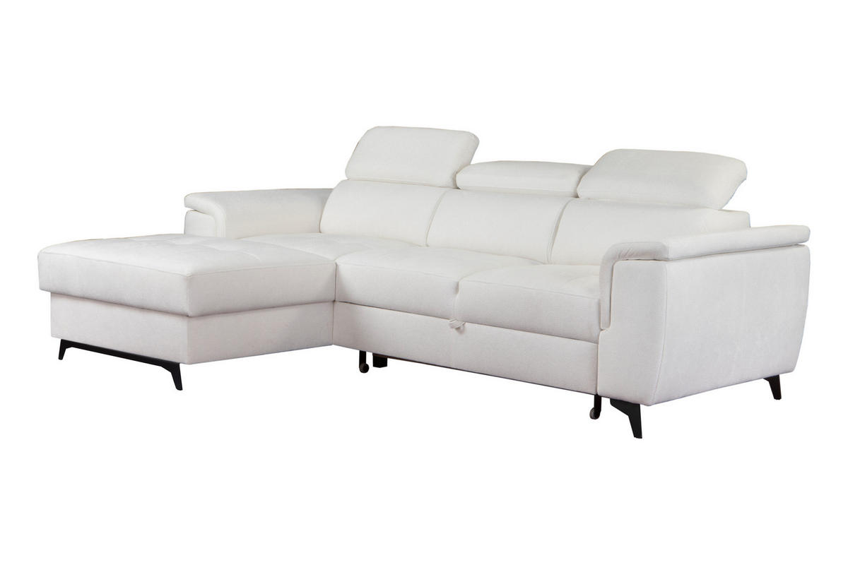 ECKSOFA VOLA Weiß Velours-Stoff mit Schlaffunktion - Weiß, Holz (270/175cm) - MASSENO