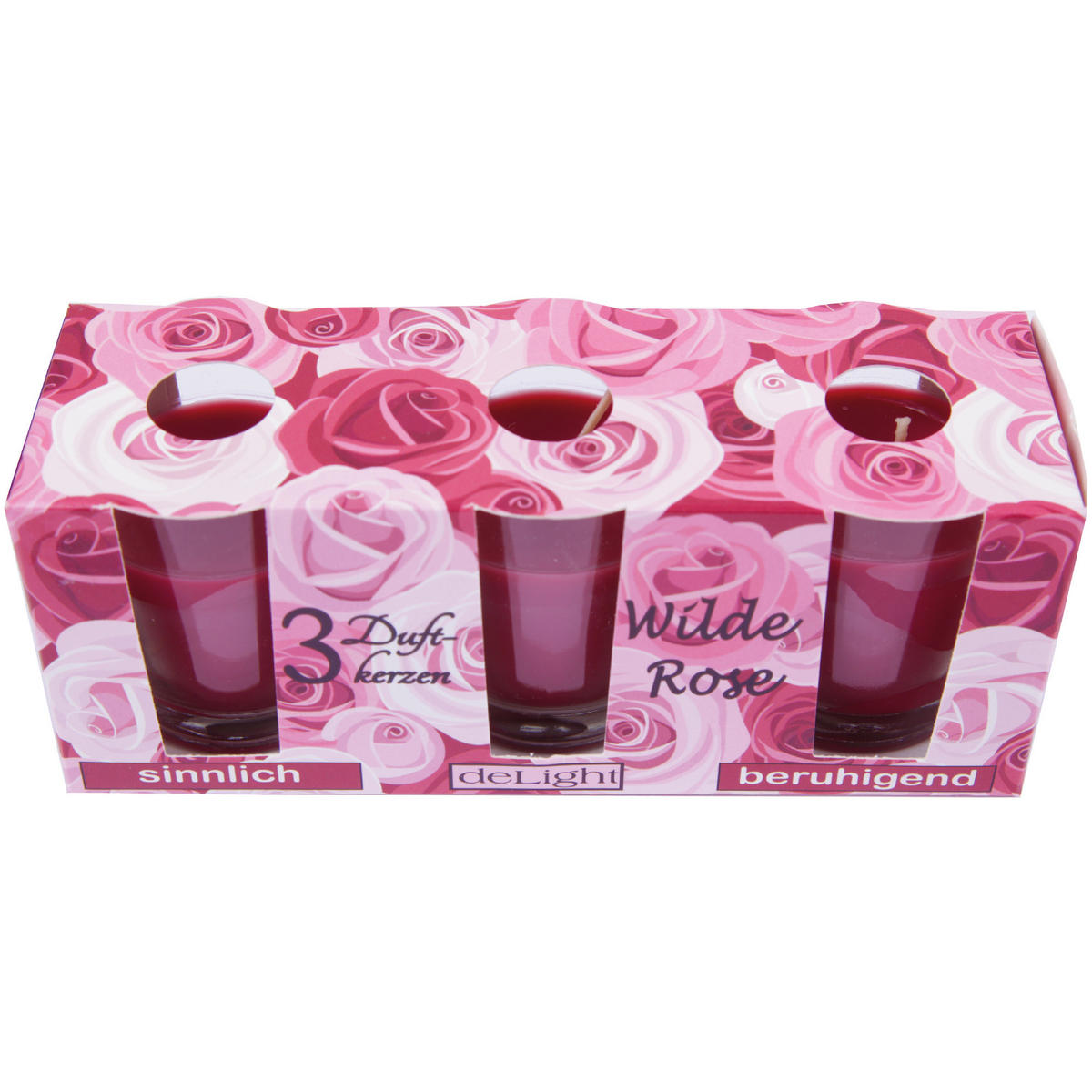 DUFTKERZEN im Glas "Classic" 3er Pack Wilde Rose - Hellrot, Naturmaterialien (4.5/6.5cm)